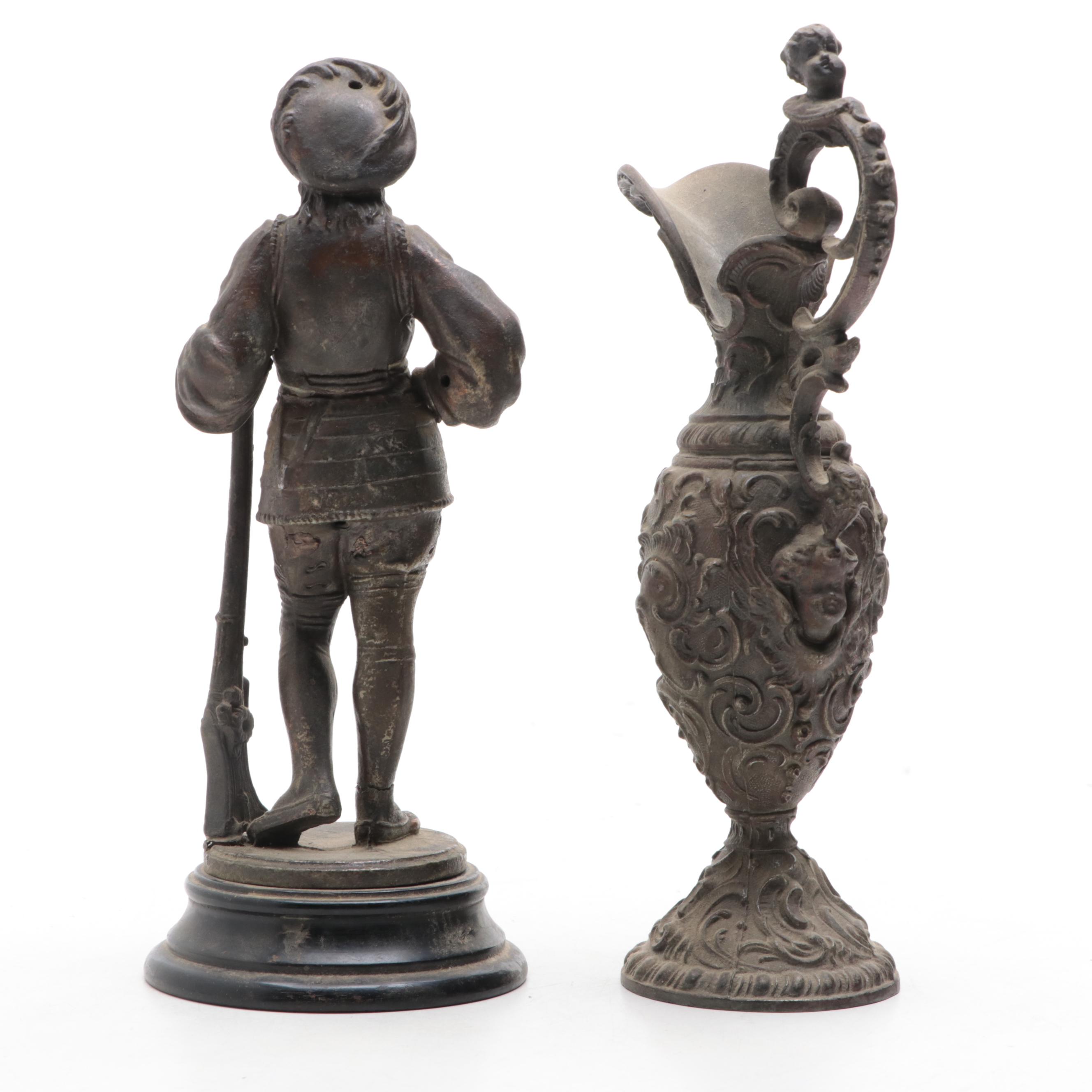 Victorian Spelter Figurine and Mantel Ewer, Late 19th/ Early 20th Century