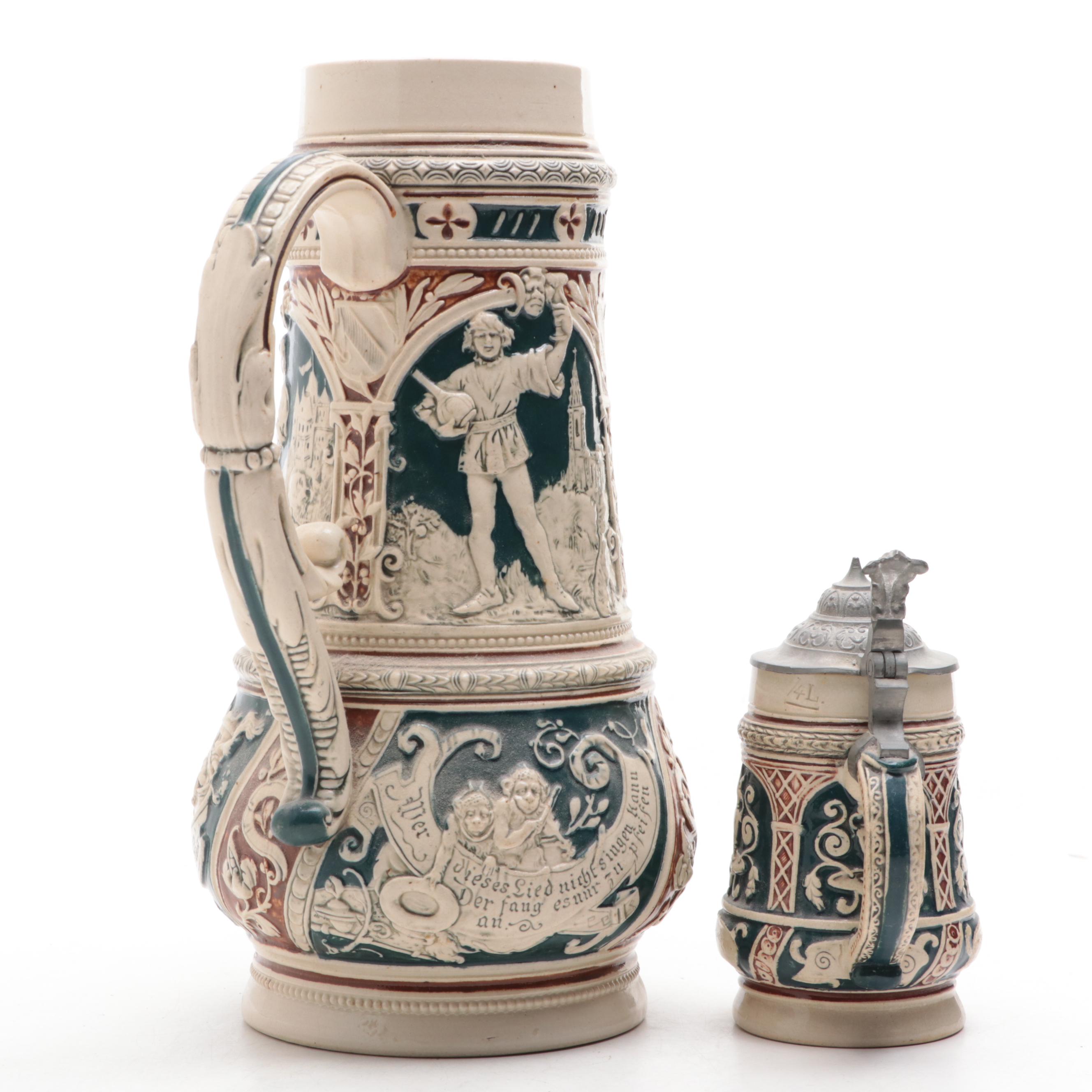 German Stoneware Pitcher and Stein