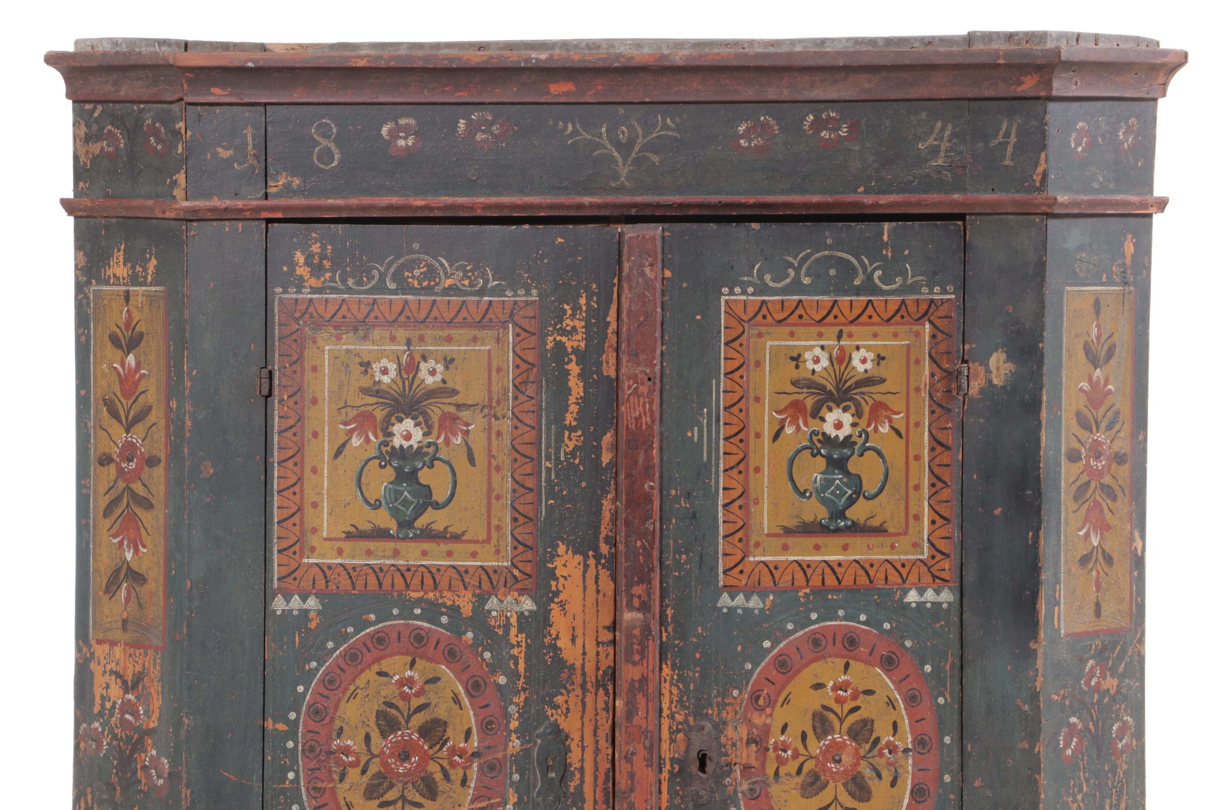 Northern European Paint-Decorated Pine Wardrobe, Dated 1844