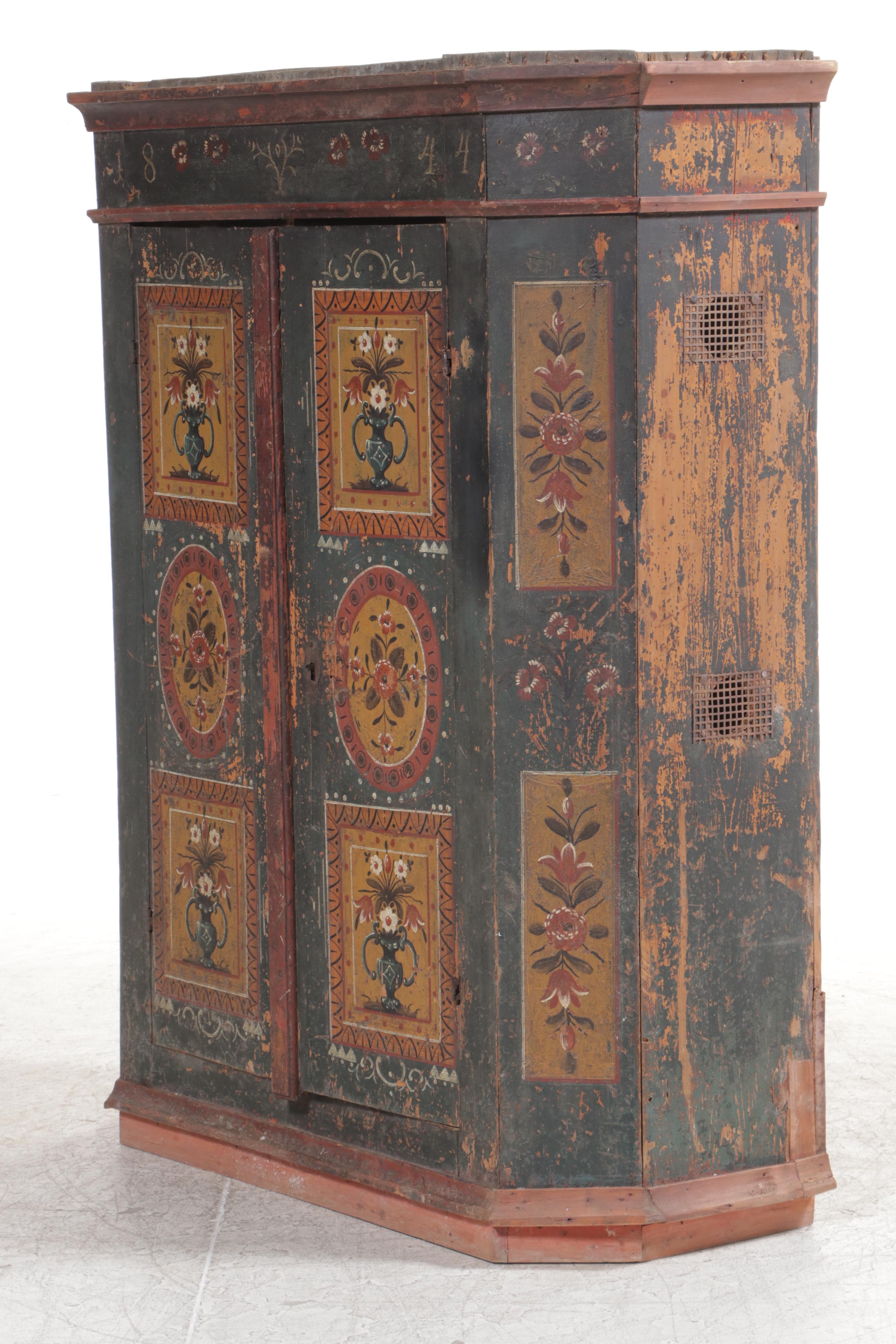 Northern European Paint-Decorated Pine Wardrobe, Dated 1844