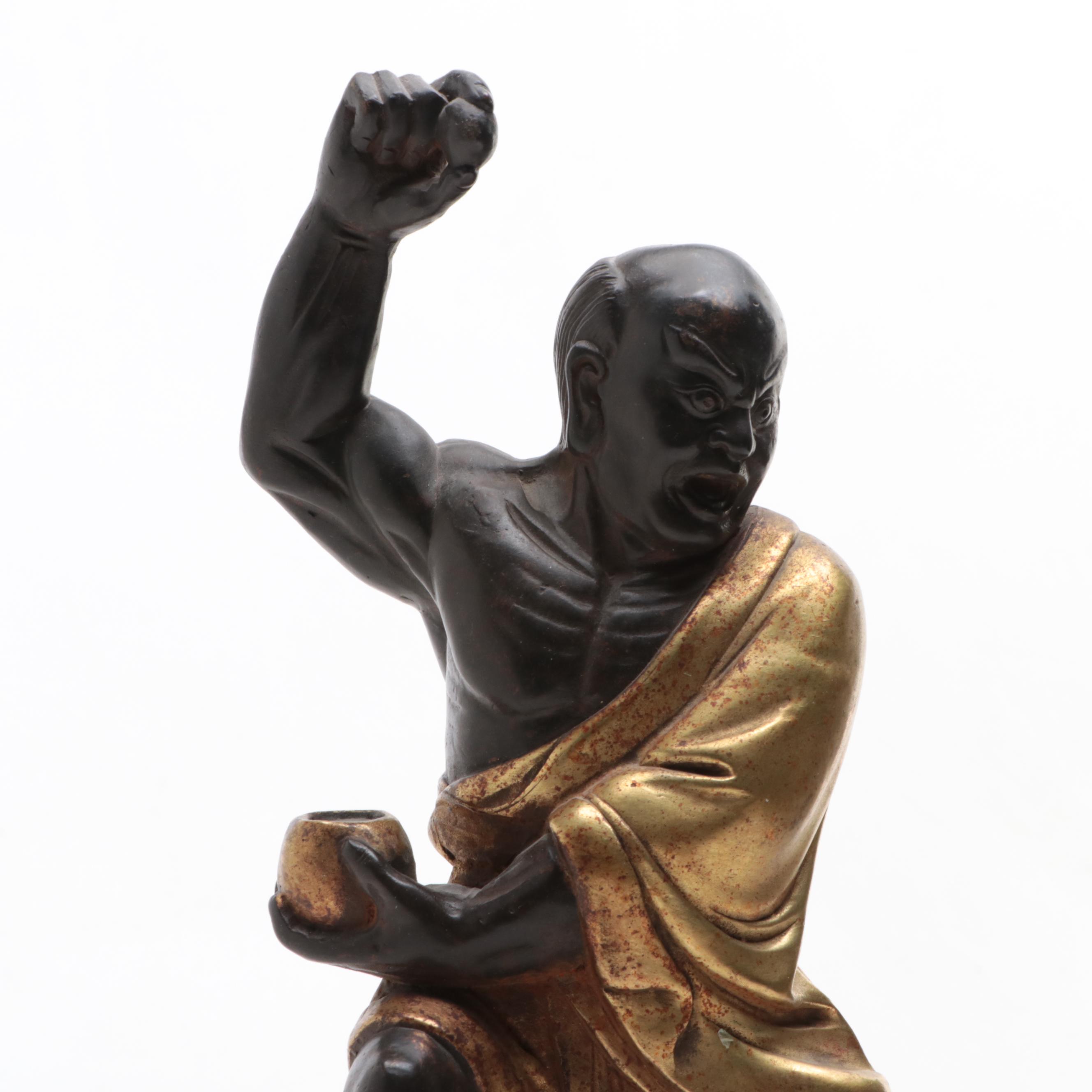 Japanese Gilt Bronze Sculpture of Buddhist Monk with a Dragon