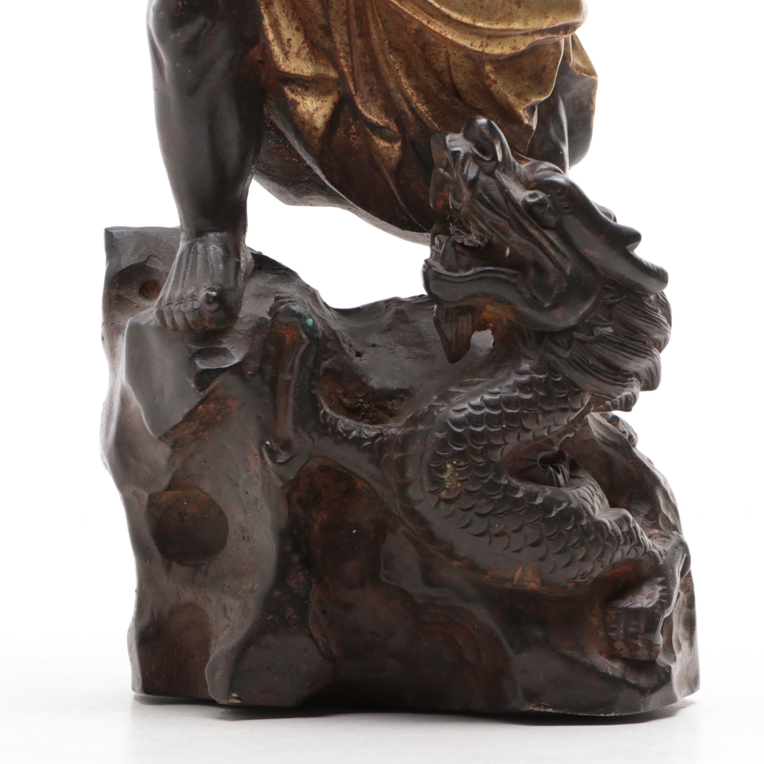 Japanese Gilt Bronze Sculpture of Buddhist Monk with a Dragon