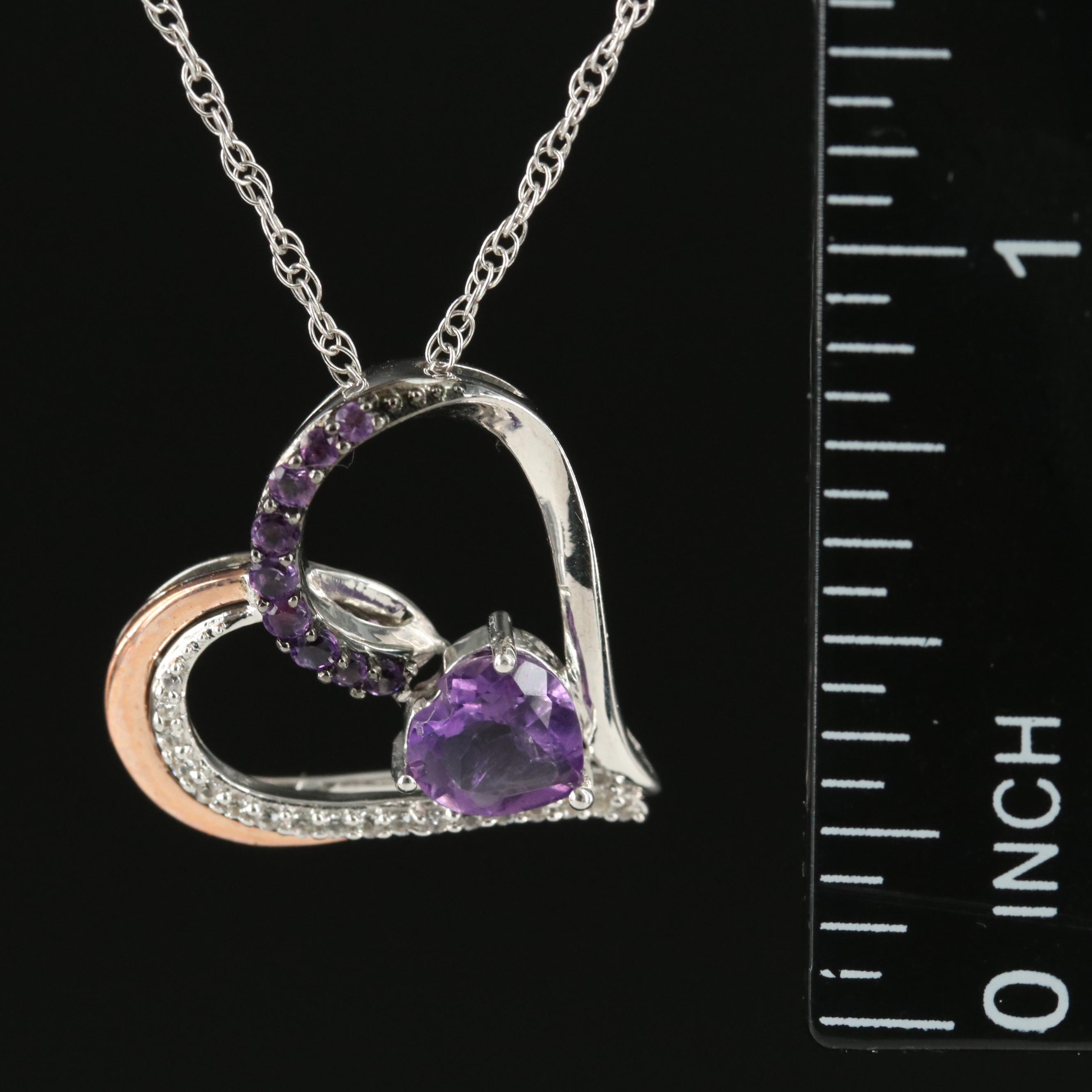 Sterling Amethyst and Topaz Heart Pendant Necklace with 10K Rose Gold Accent