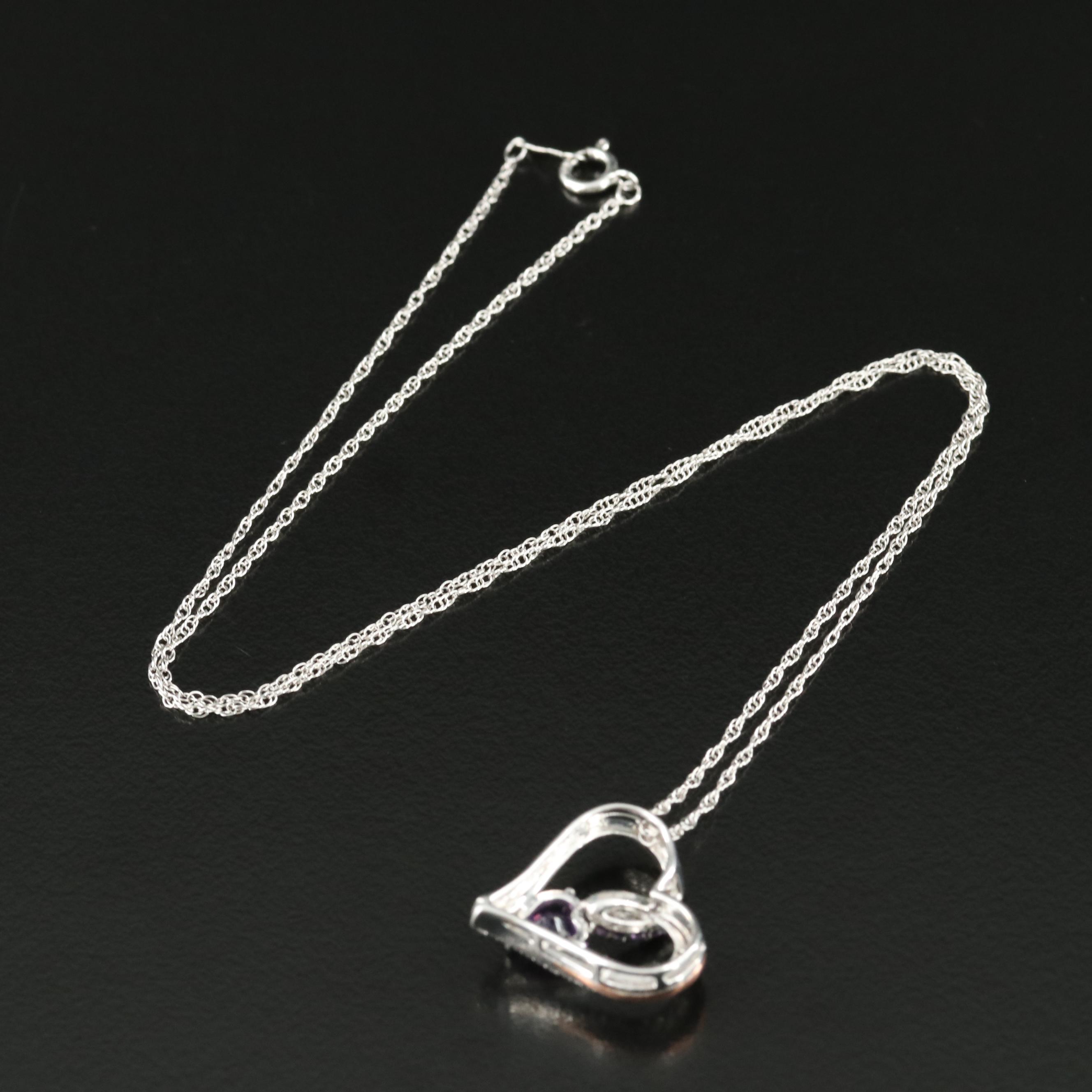 Sterling Amethyst and Topaz Heart Pendant Necklace with 10K Rose Gold Accent