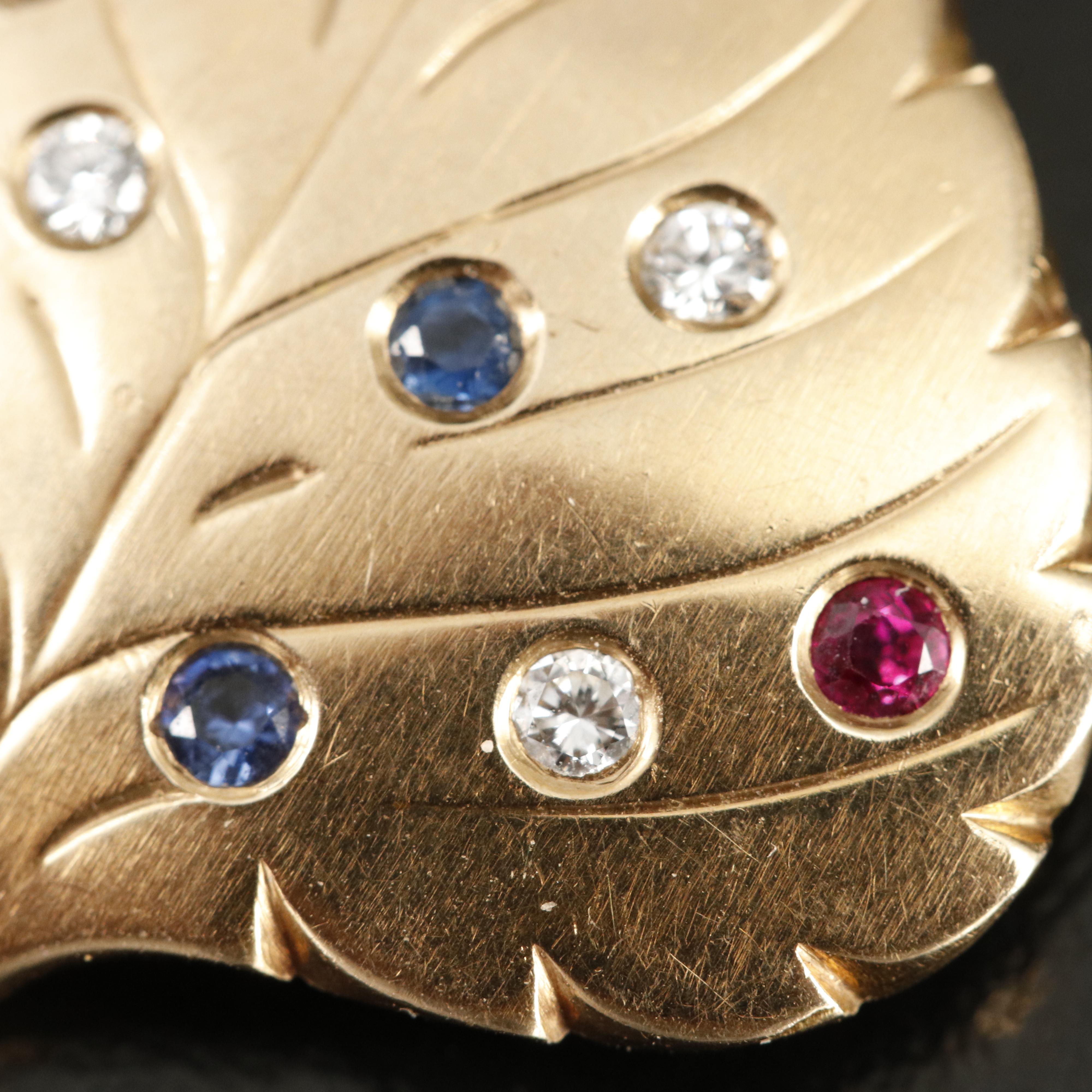 Vintage 14K Ruby, Sapphire, Emerald and Diamond Aspen Leaf Brooch
