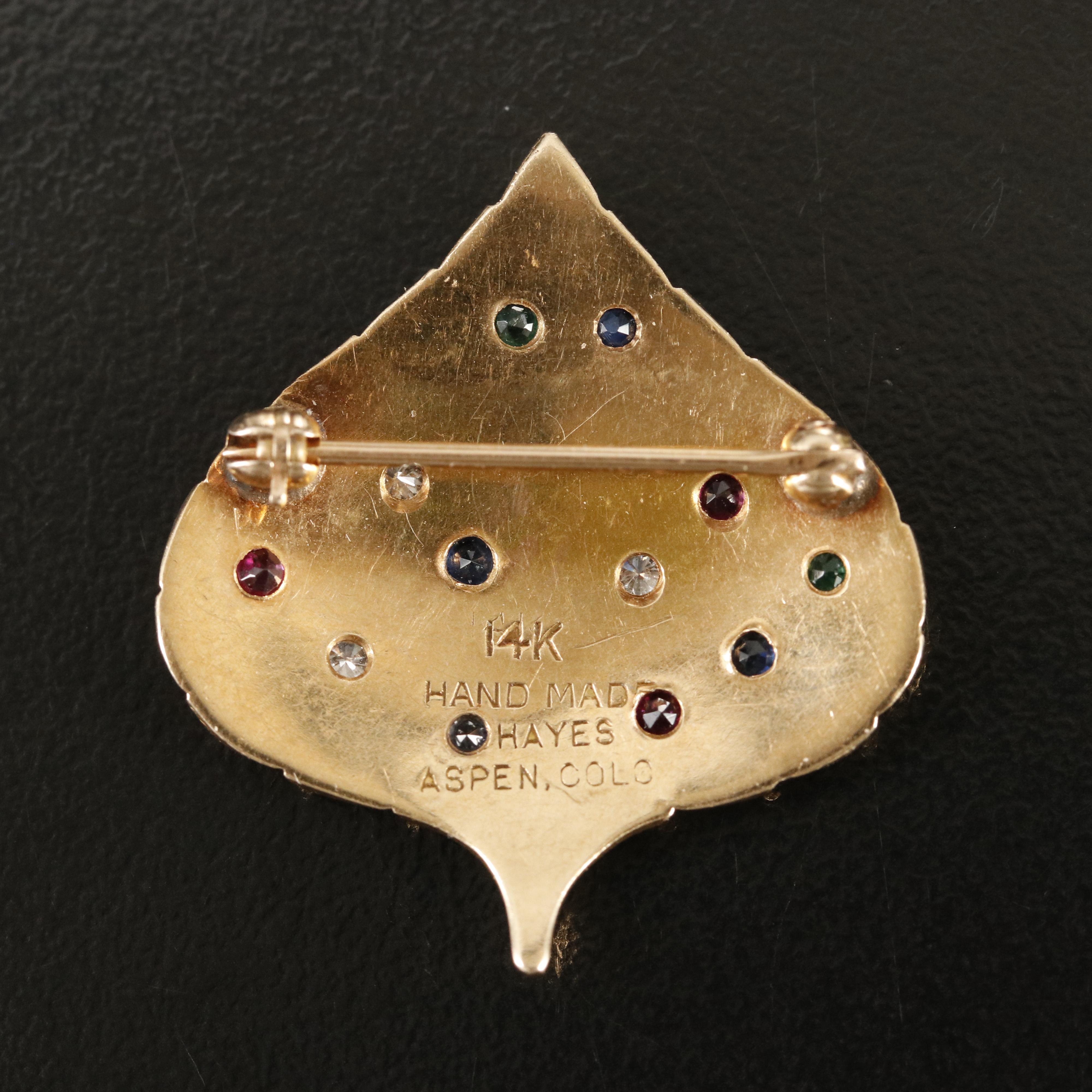 Vintage 14K Ruby, Sapphire, Emerald and Diamond Aspen Leaf Brooch
