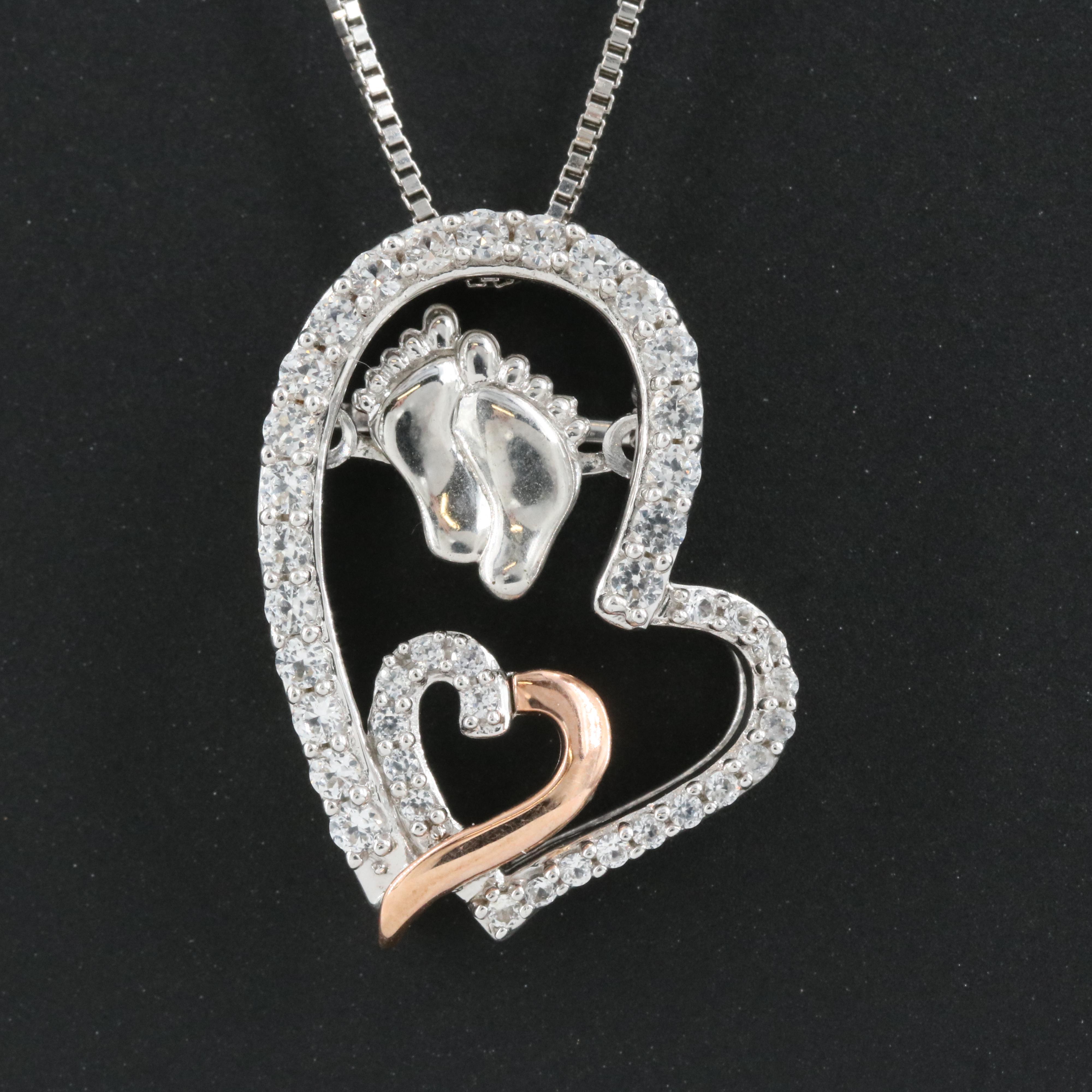 Sterling Sapphire Heart Footprint Tremble Necklace with 10K Rose Gold Accents
