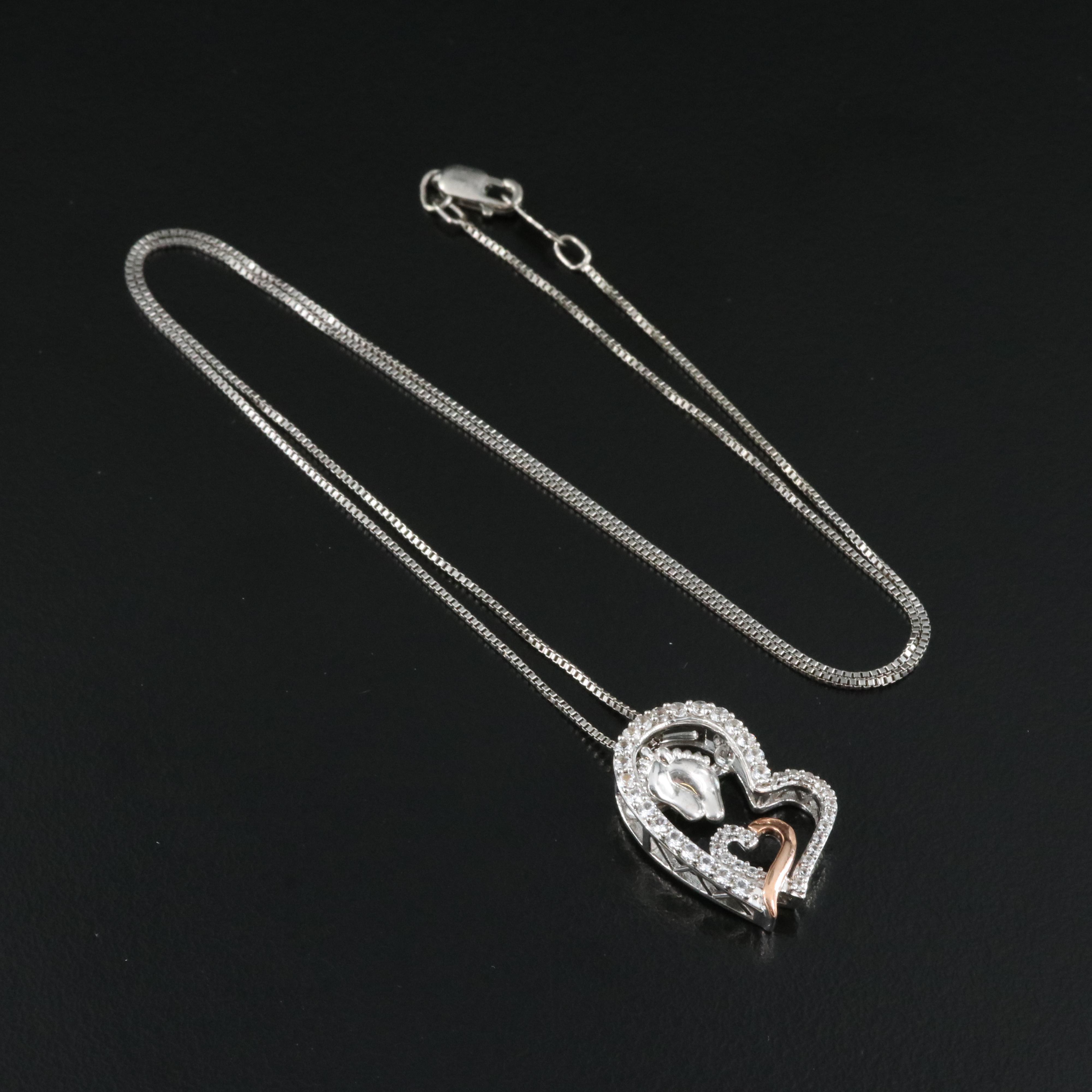Sterling Sapphire Heart Footprint Tremble Necklace with 10K Rose Gold Accents