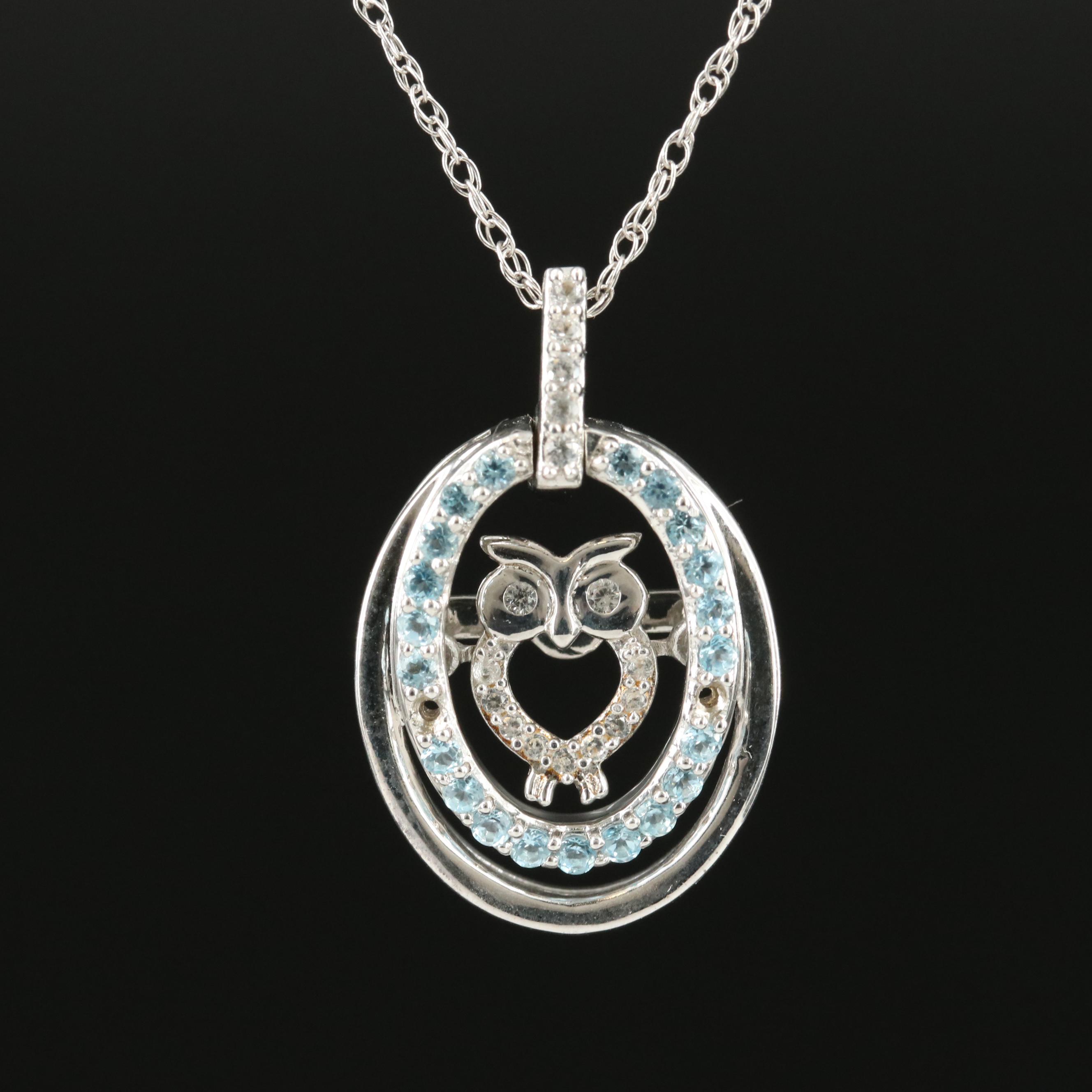 Sterling Sky Blue Topaz and White Sapphire Owl Shimmer Necklace
