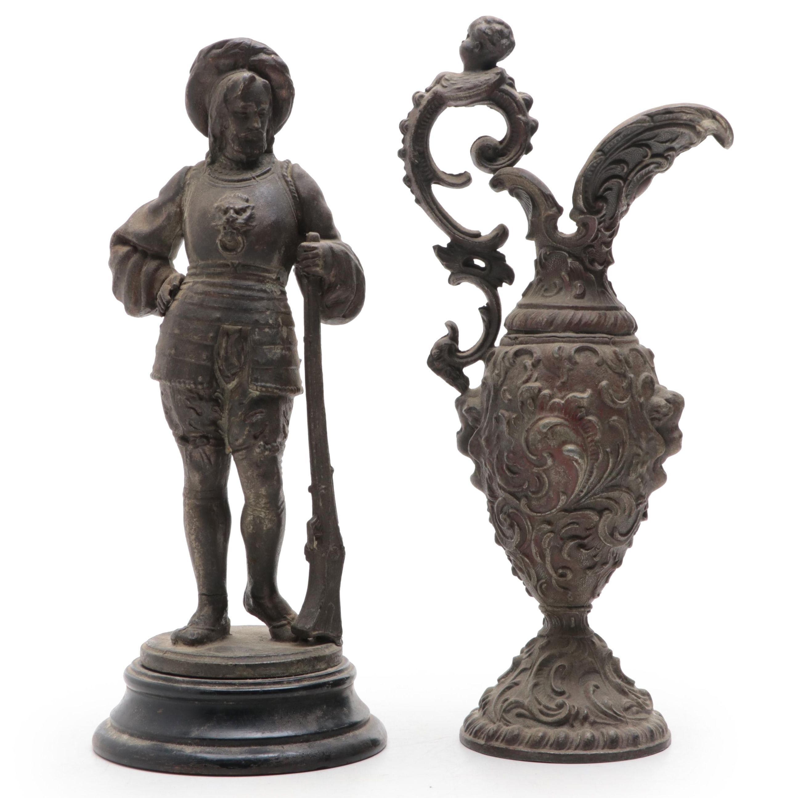 Victorian Spelter Figurine and Mantel Ewer, Late 19th/ Early 20th Century