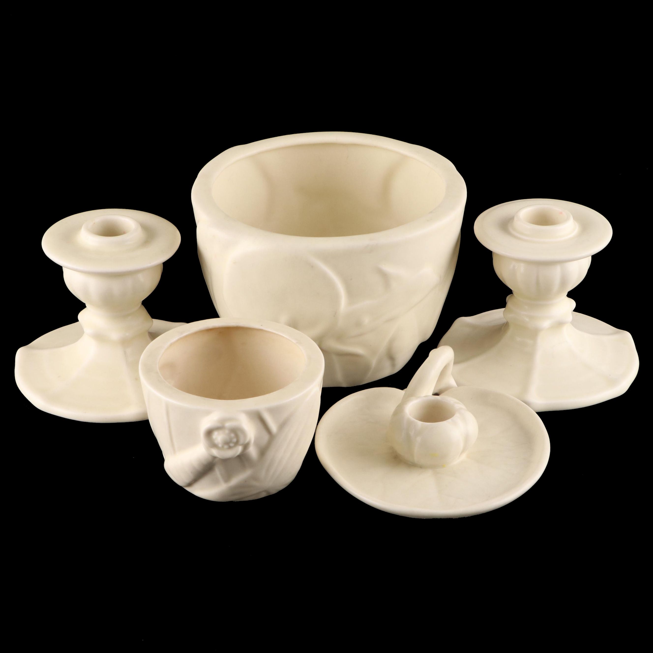 Rookwood Pottery Ivory Glazed Candlesticks and Decorative Bowls, 1930s and 1940s