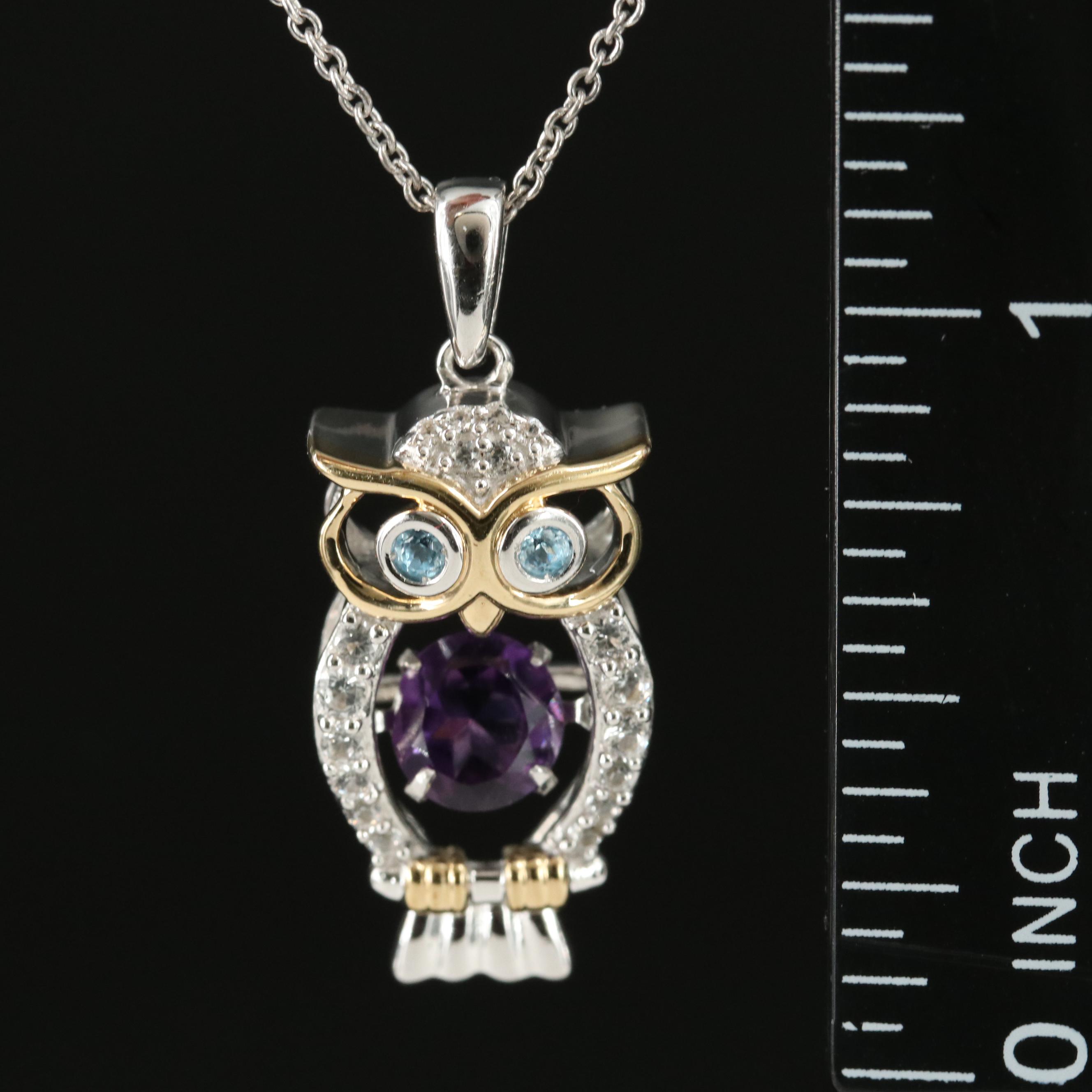 Sterling Amethyst, Sky Blue Topaz and White Sapphire Owl Pendant Necklace