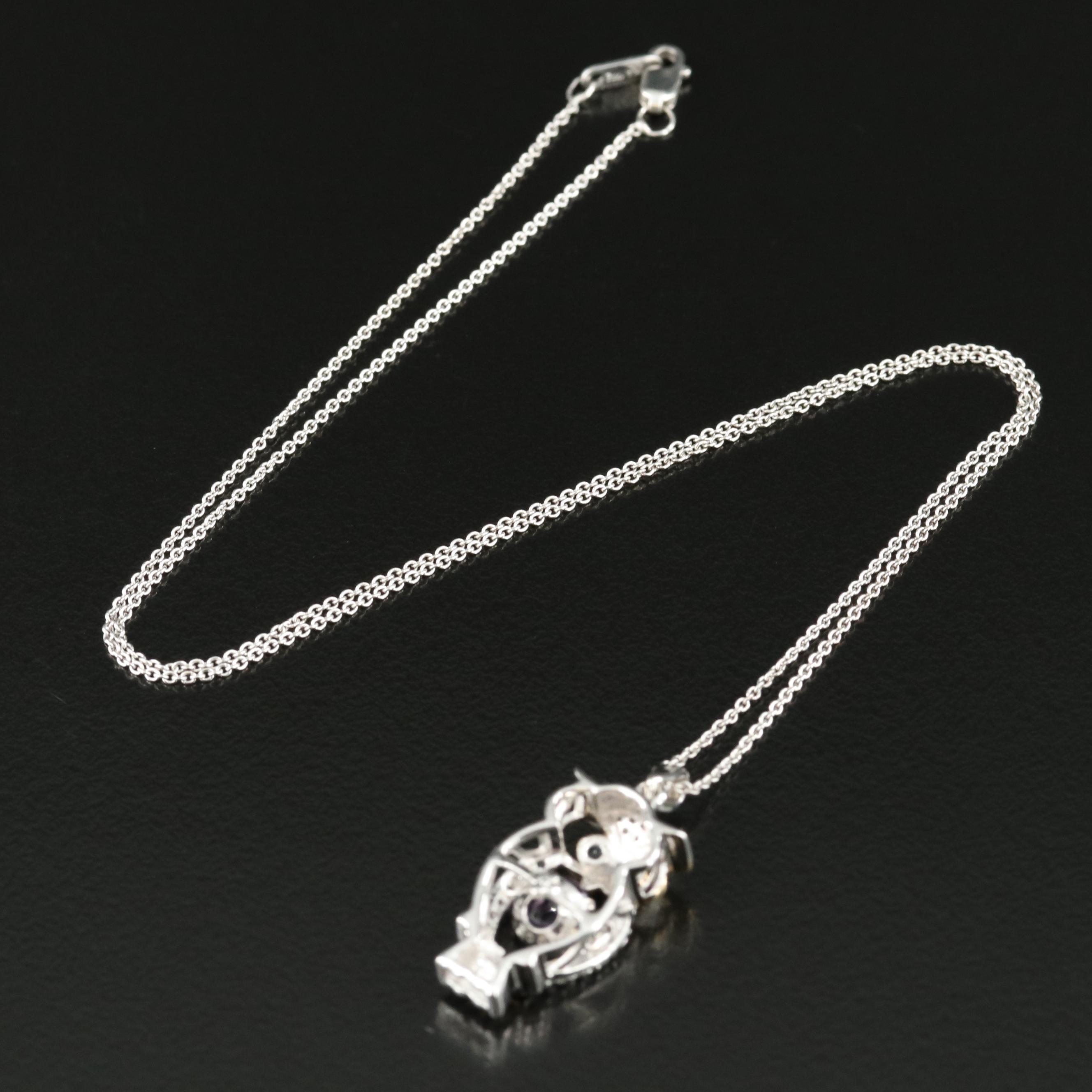 Sterling Amethyst, Sky Blue Topaz and White Sapphire Owl Pendant Necklace