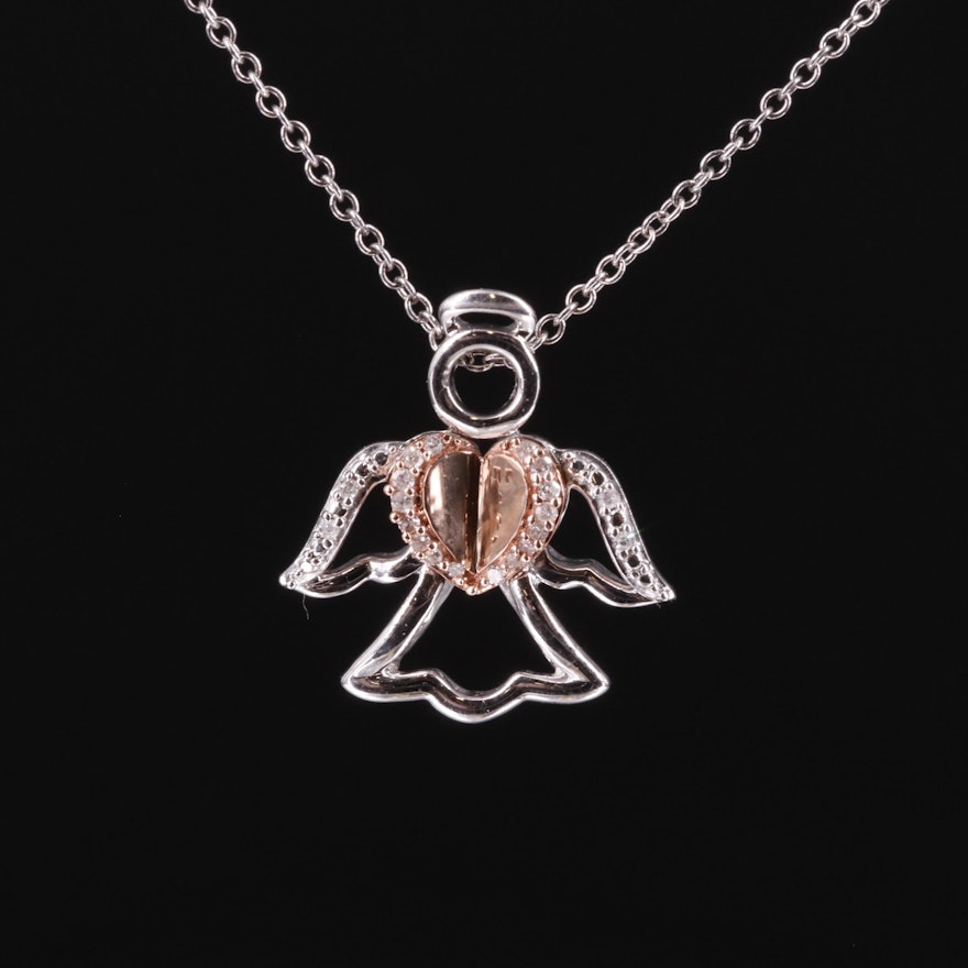 Sterling Diamond Angel Pendant Necklace with 10K Accent