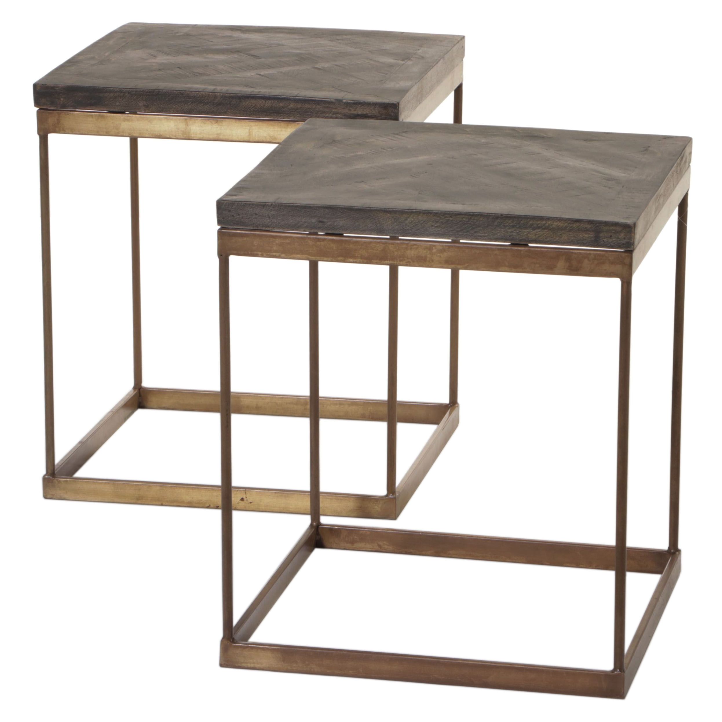 Two Blue Ocean Traders Wood and Metal Parquet Side Tables