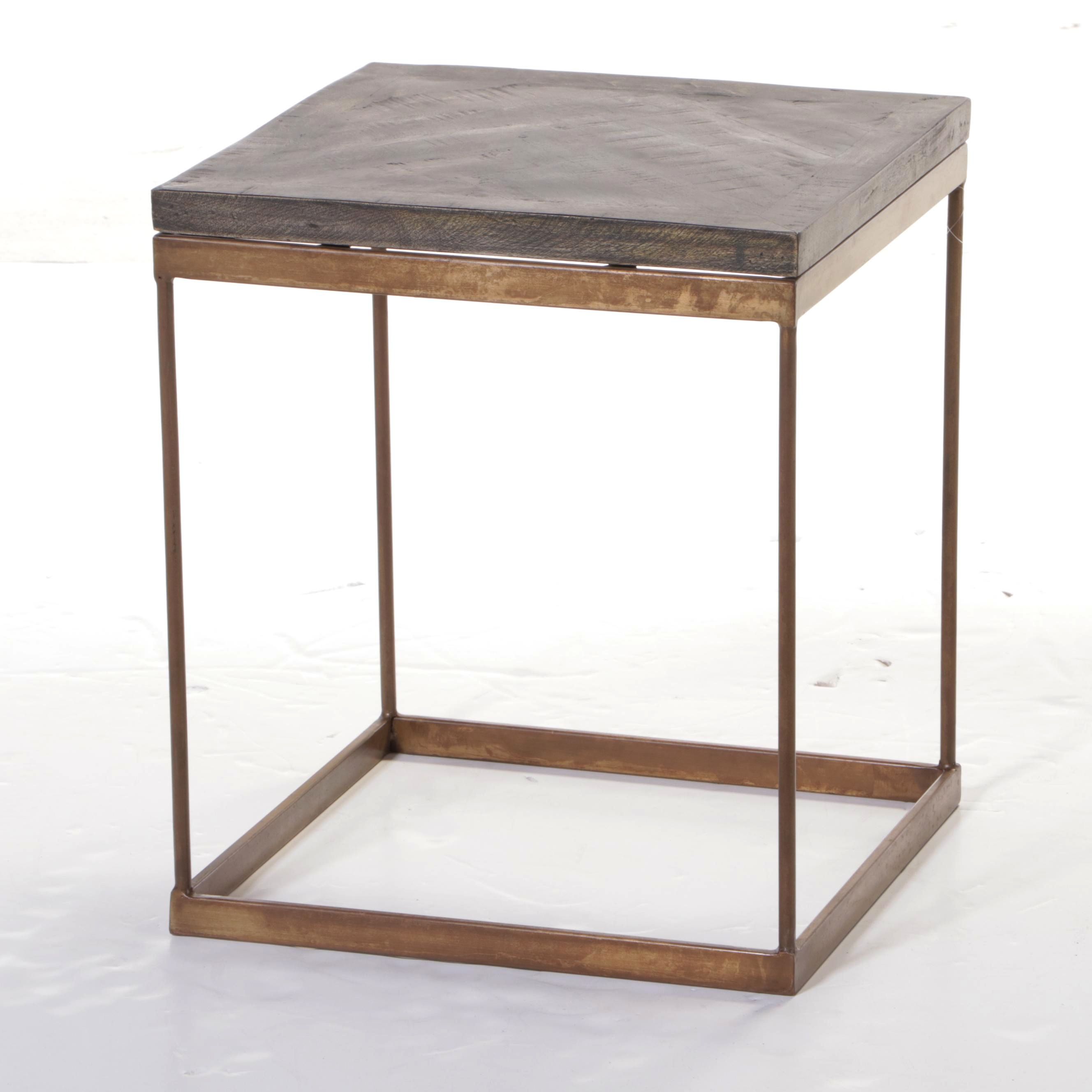 Two Blue Ocean Traders Wood and Metal Parquet Side Tables