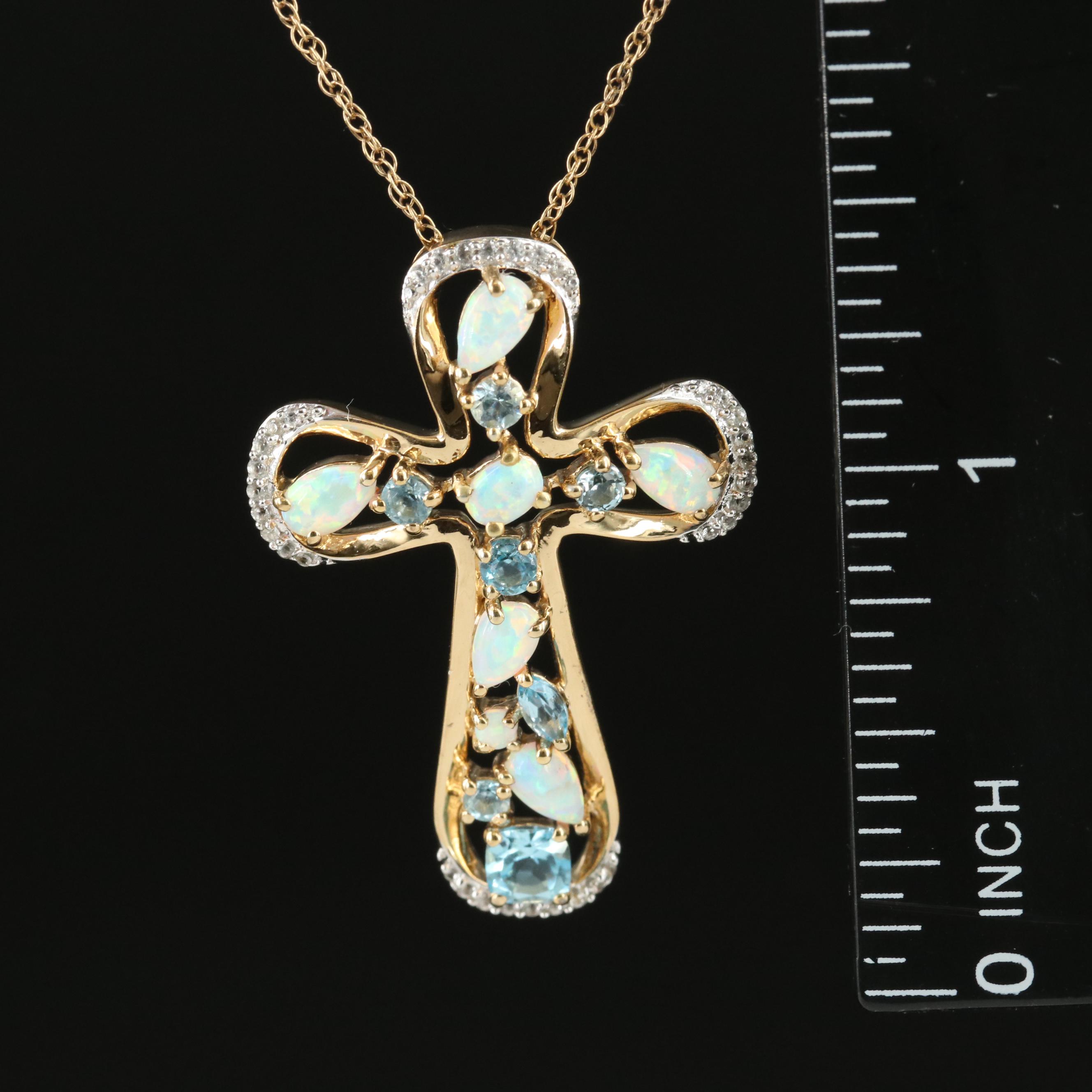 Sterling Opal, Topaz and Sapphire Cross Pendant Necklace