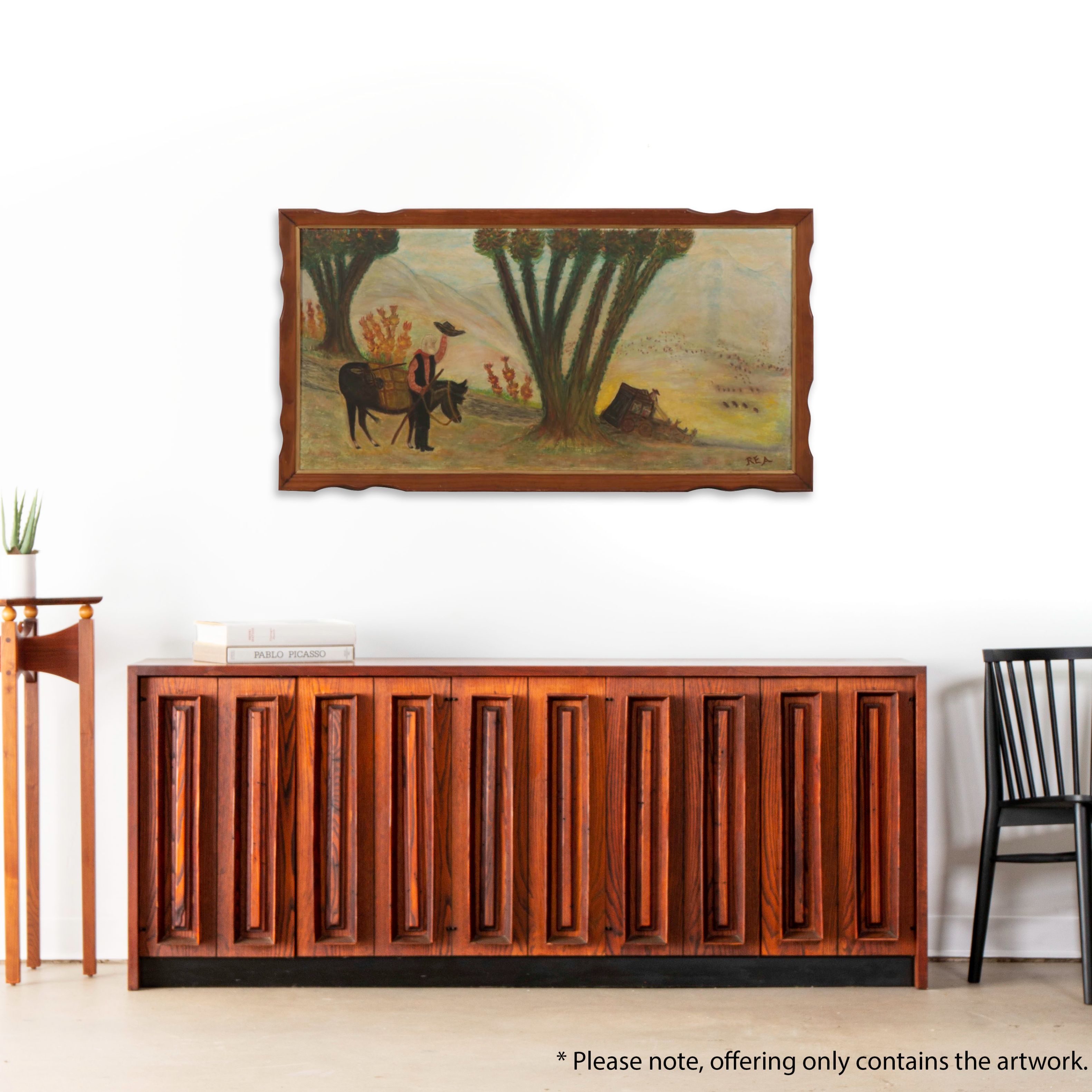 Folk Art Double-Sided Oil Painting of Landscape and African Grey Crowned Crane