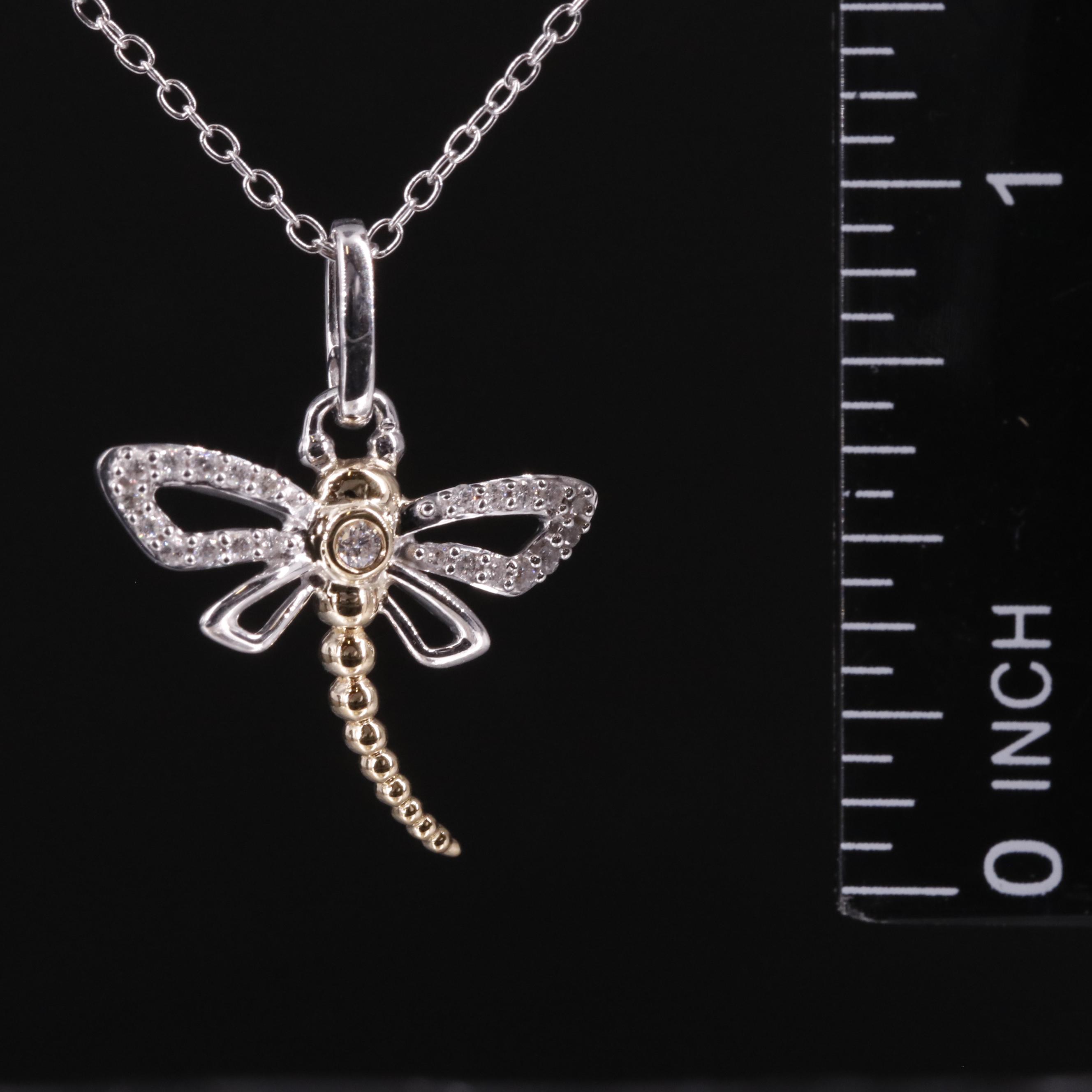 Sterling Diamond Dragonfly Pendant Necklace with 14K Accent