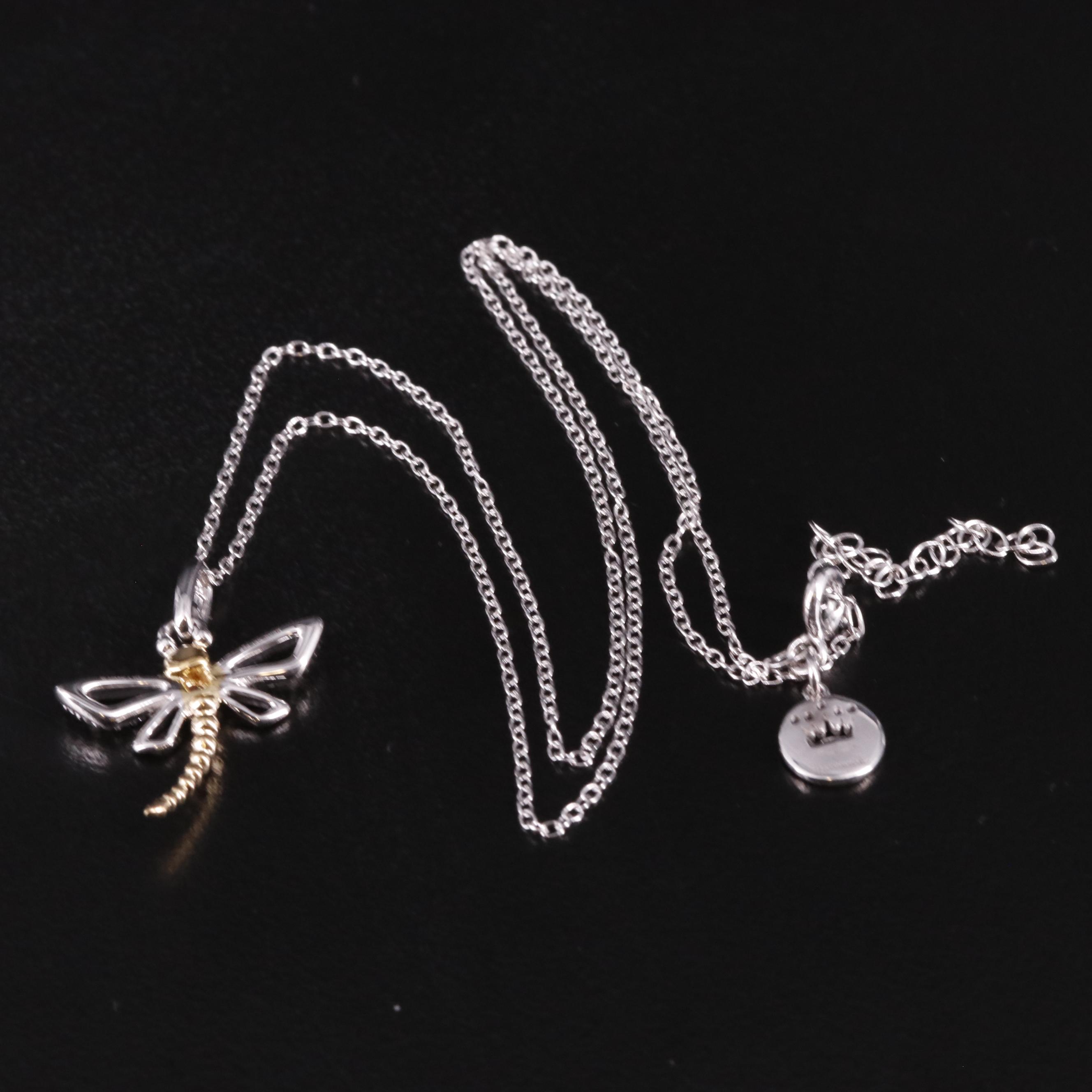 Sterling Diamond Dragonfly Pendant Necklace with 14K Accent