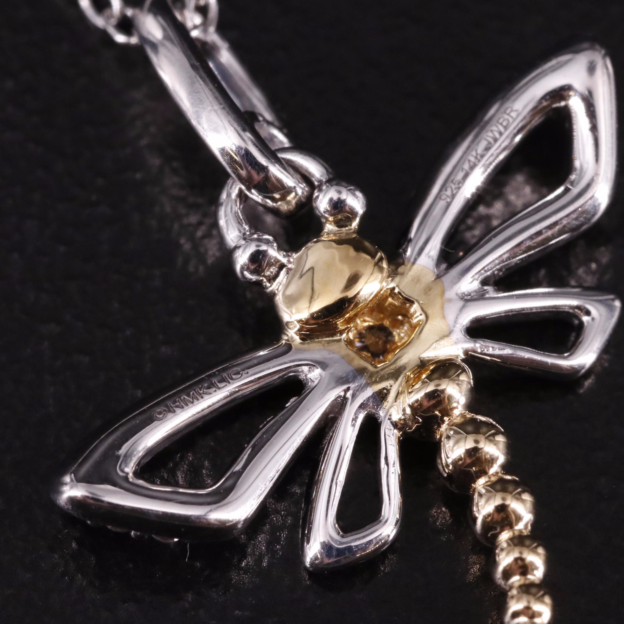 Sterling Diamond Dragonfly Pendant Necklace with 14K Accent