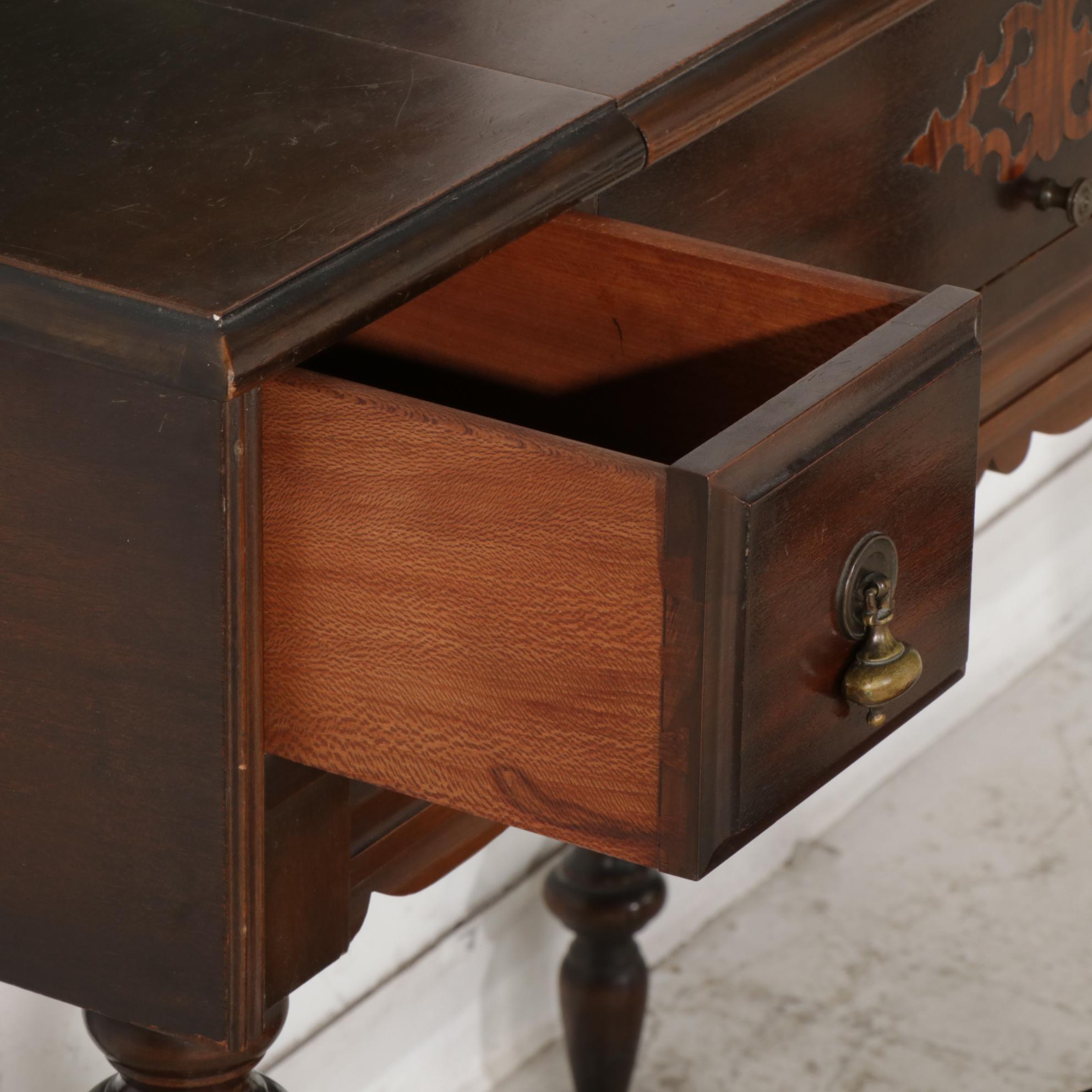Early American Style Walnut-Finish Spinet Desk, Chair and Mirror
