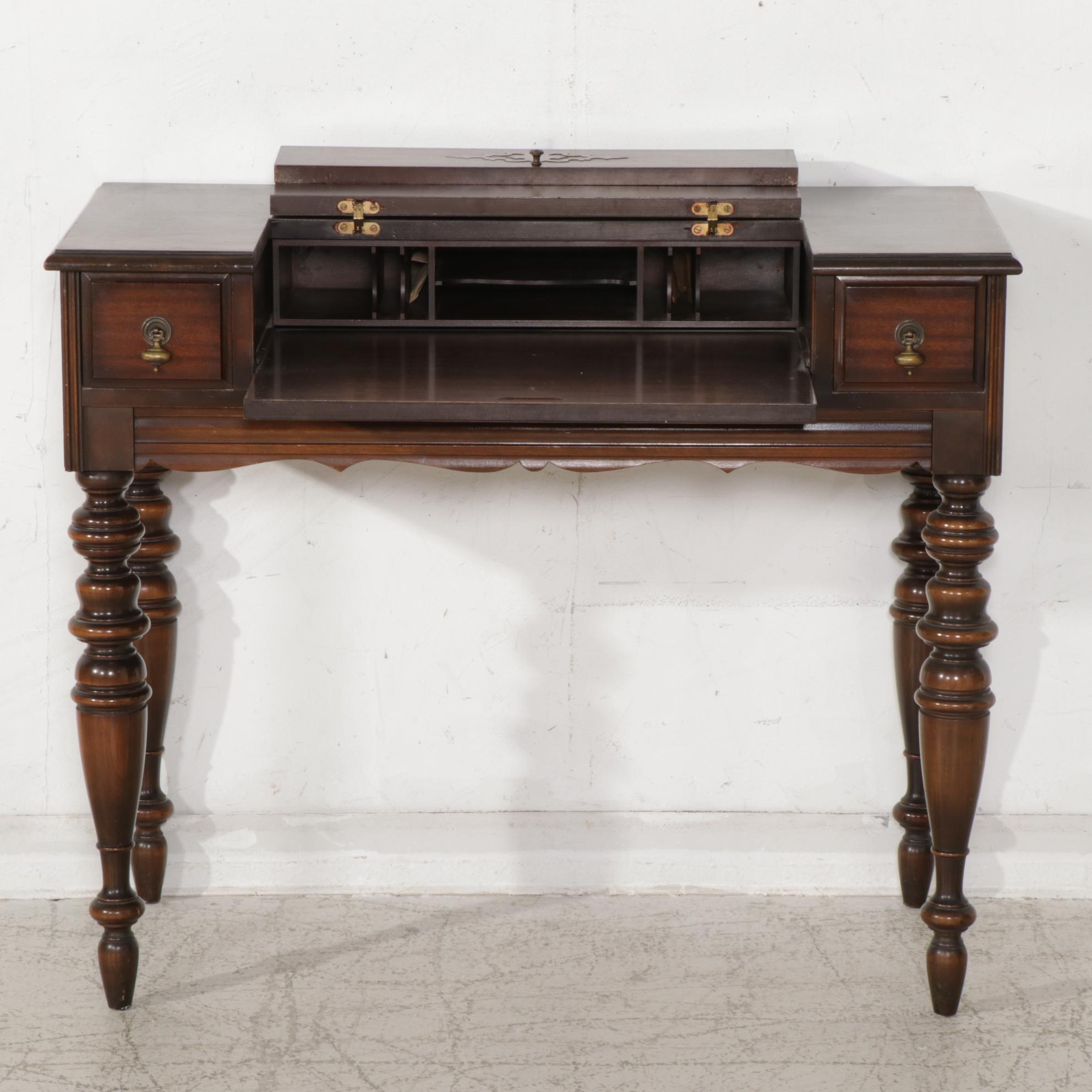 Early American Style Walnut-Finish Spinet Desk, Chair and Mirror