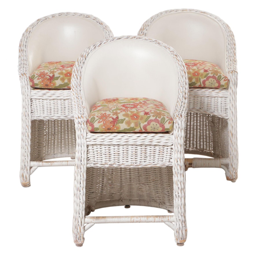 Three Wicker and Upholstered Armchairs