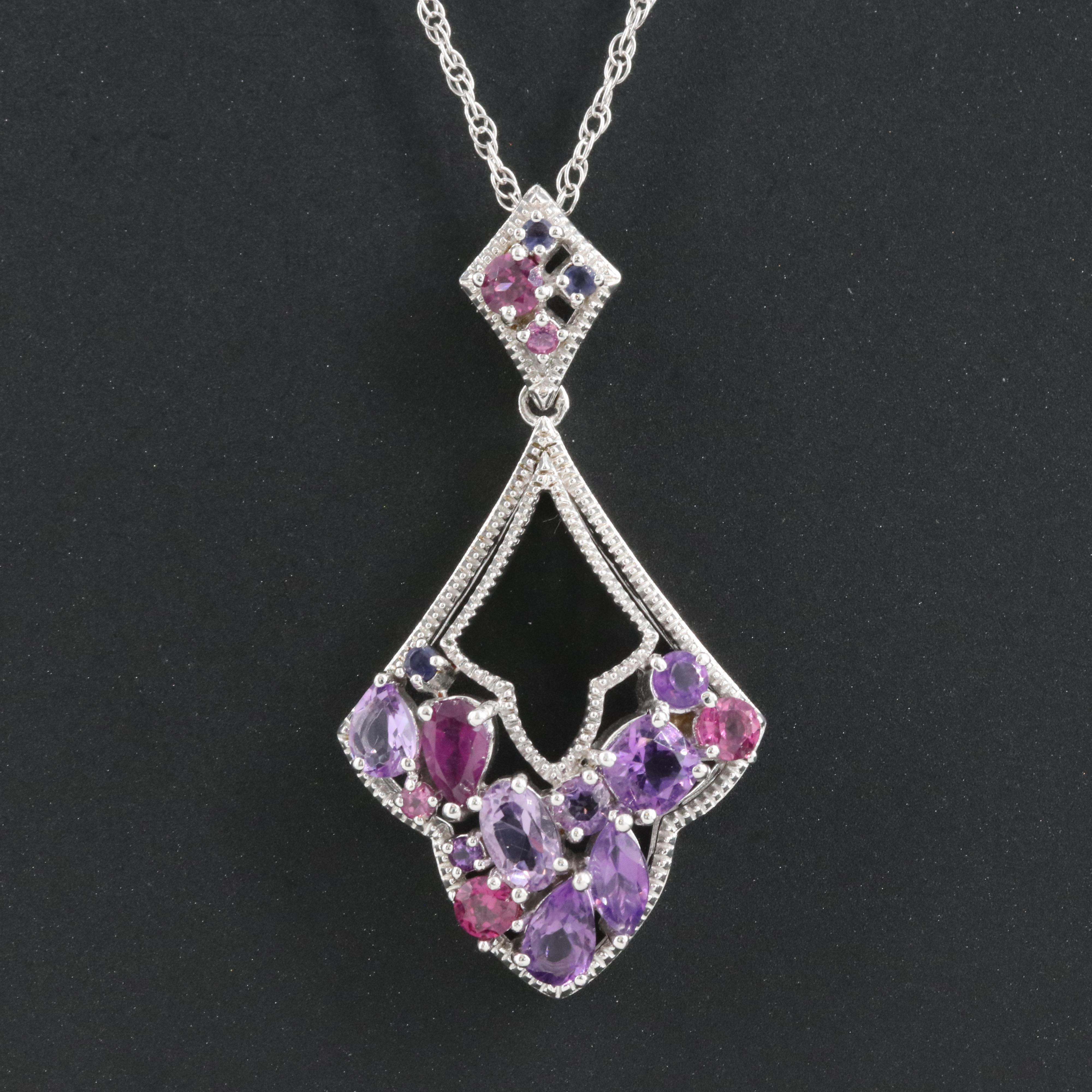 Sterling Amethyst, Garnet and Iolite Pendant Necklace
