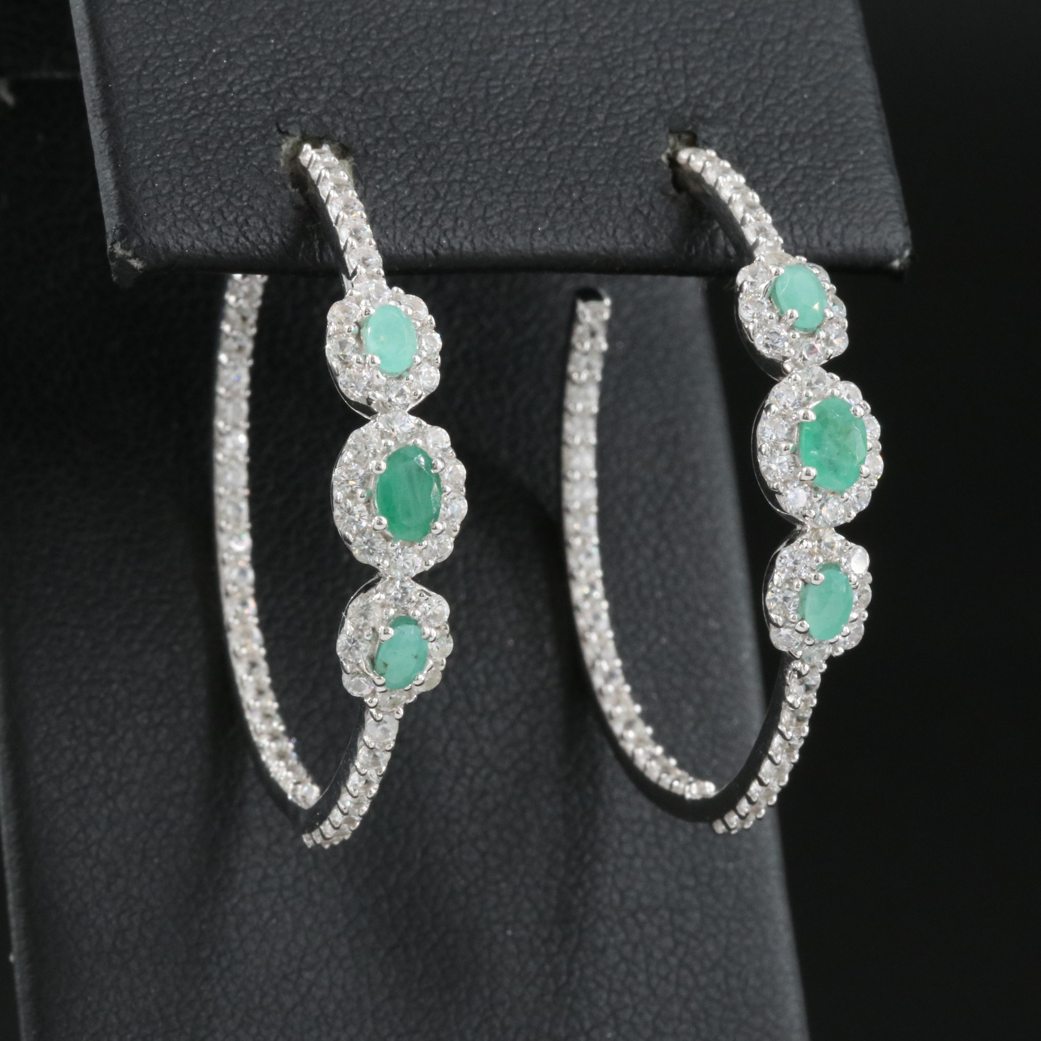 Sterling Emerald, Cubic Zirconia and Zircon Inside Out Hoop Earrings