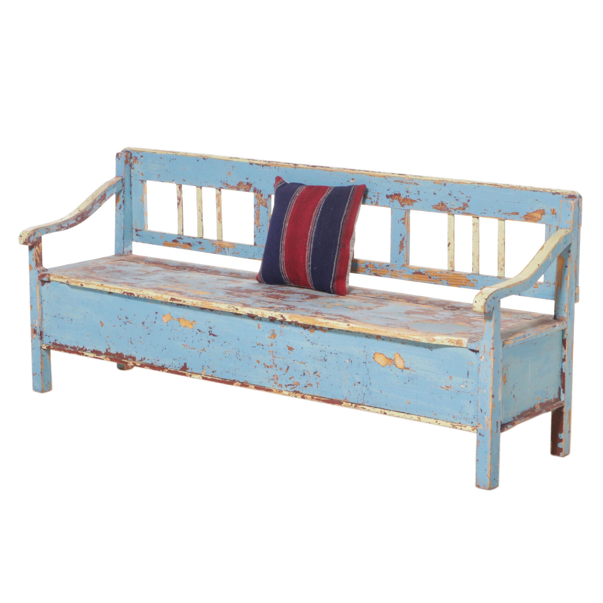 Austrian Painted Pine Settle Bench with Kilim Pillow