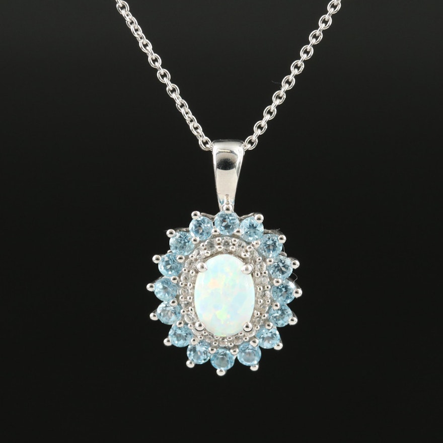 Sterling Opal, Topaz and Sapphire Pendant Necklace