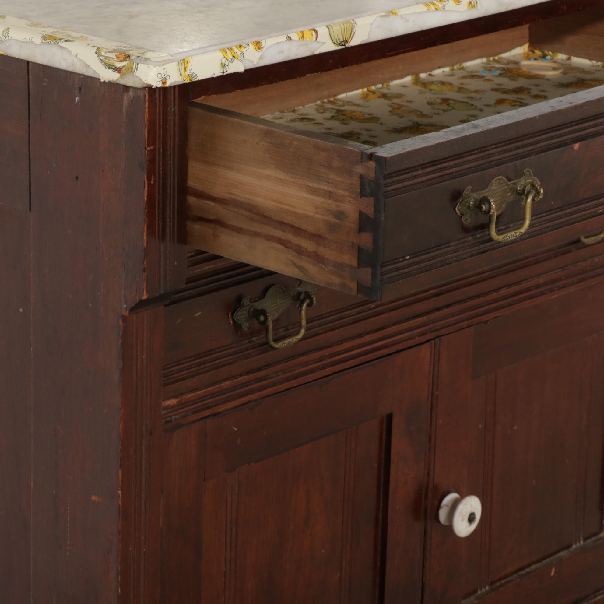Late Victorian Walnut-Finish Marble Top Washstand with Later Wall Mirror