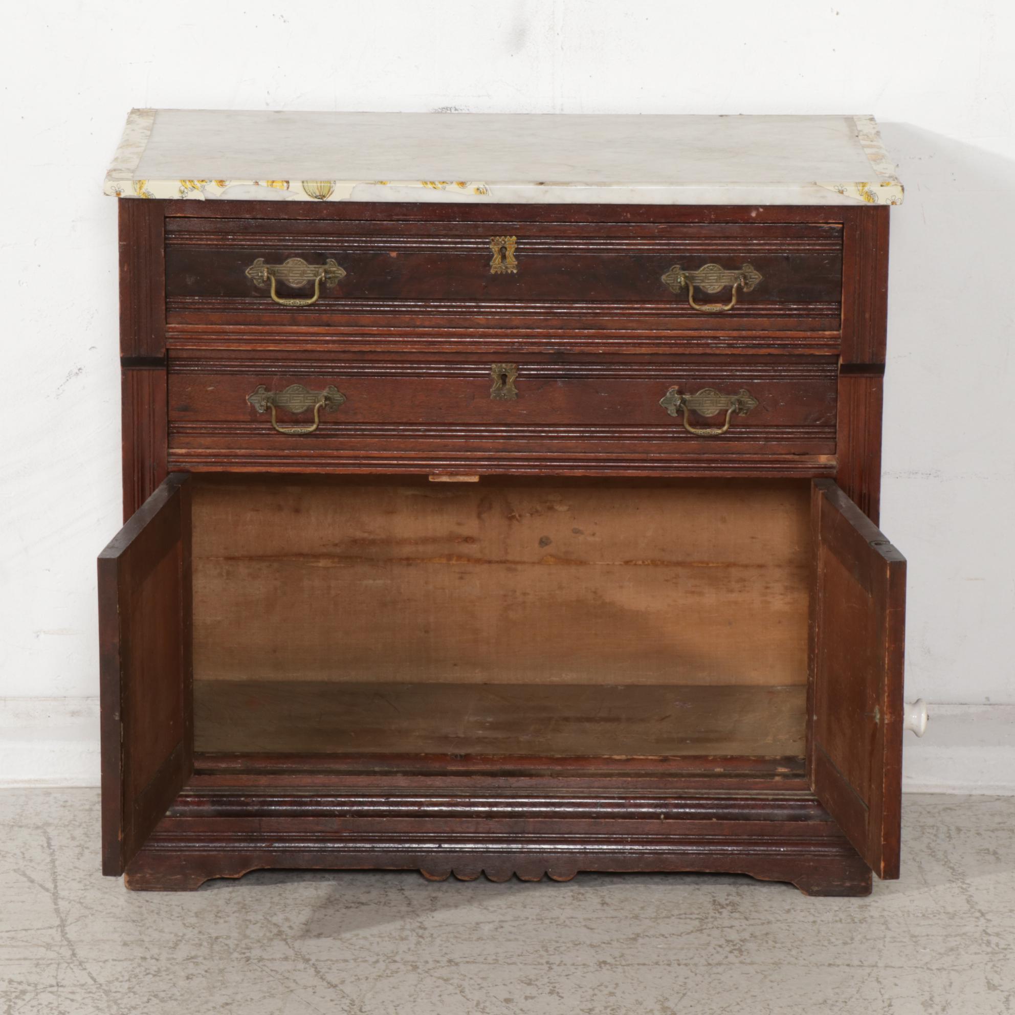 Late Victorian Walnut-Finish Marble Top Washstand with Later Wall Mirror