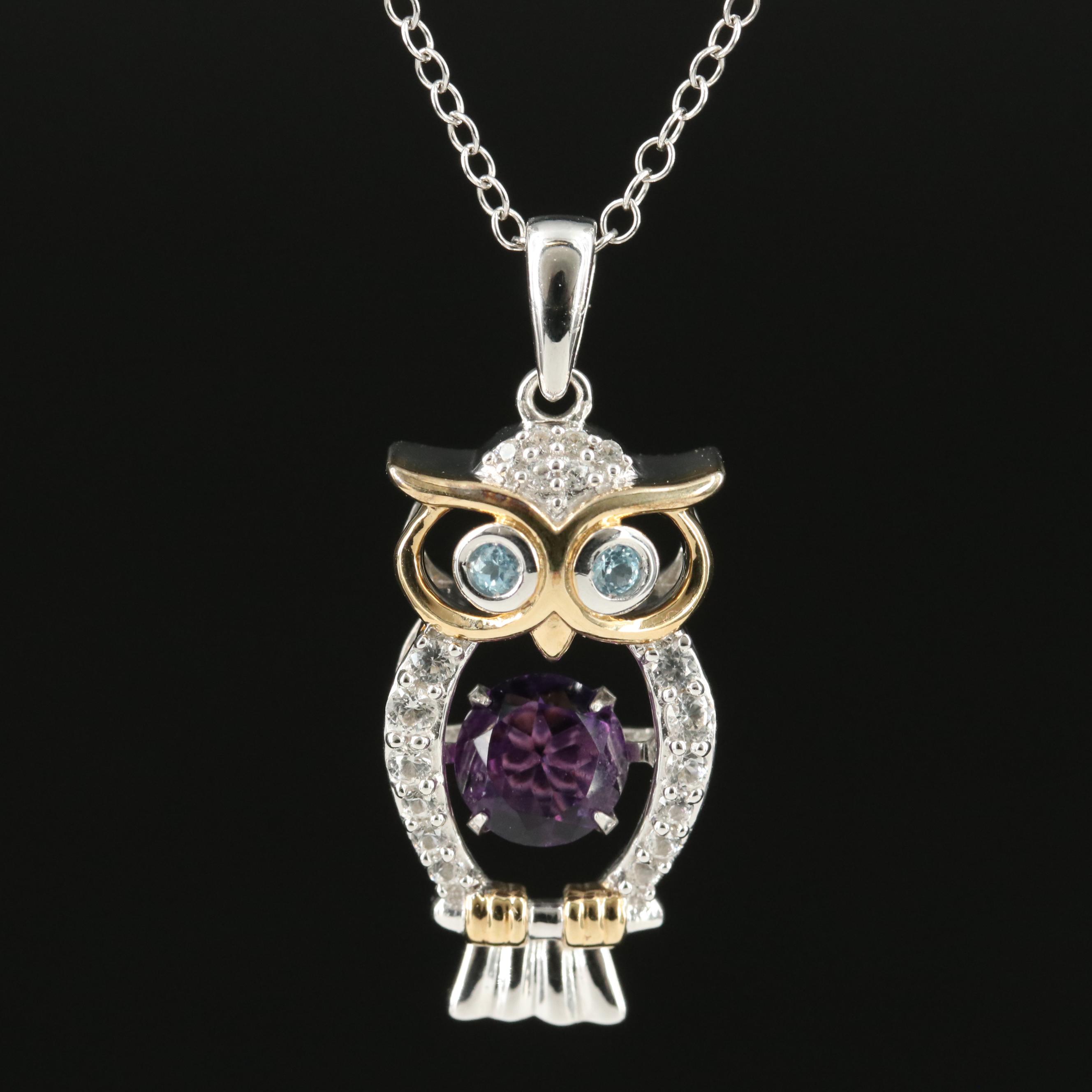 Sterling Amethyst, White Sapphire and Sky Blue Topaz Owl Shimmer Necklace