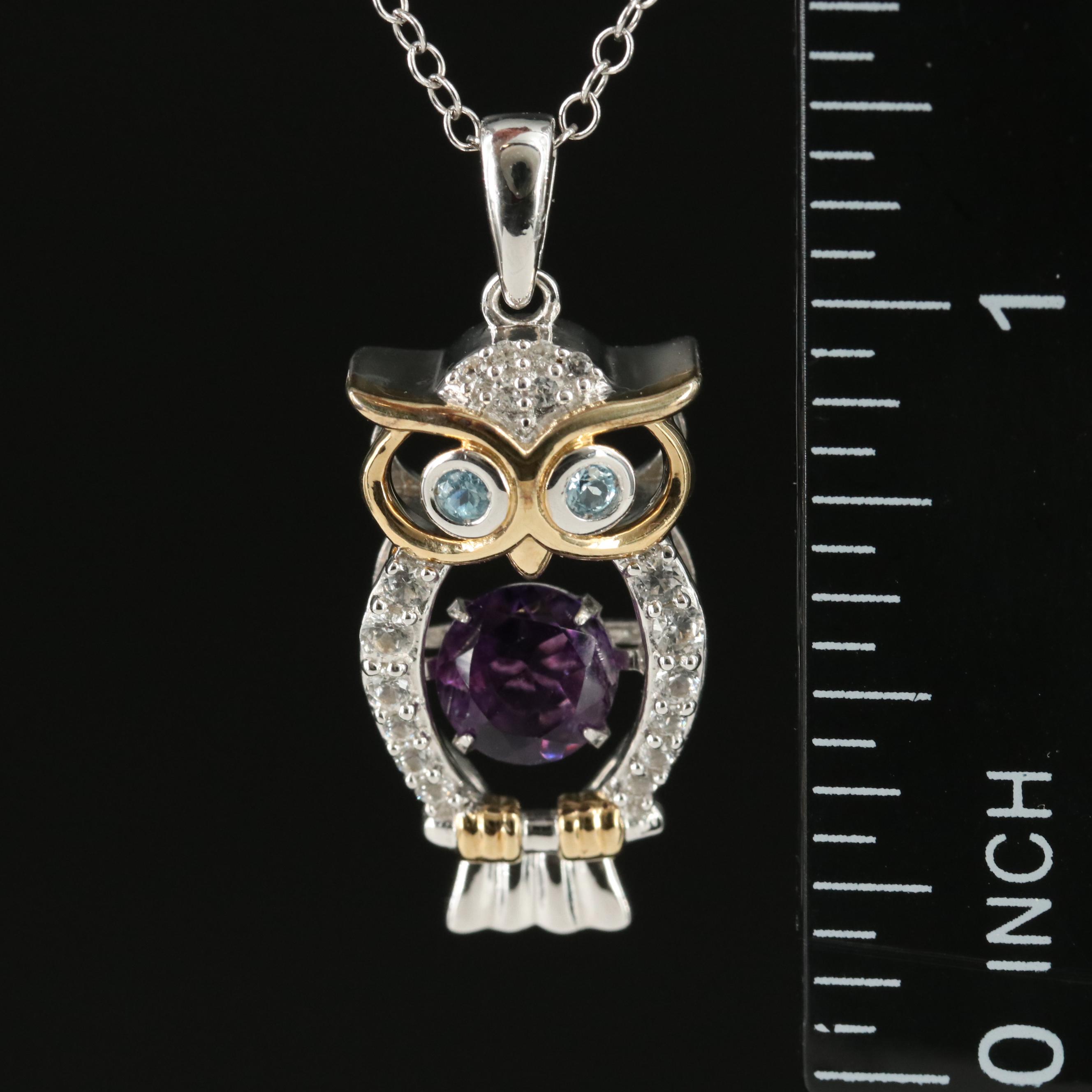 Sterling Amethyst, White Sapphire and Sky Blue Topaz Owl Shimmer Necklace