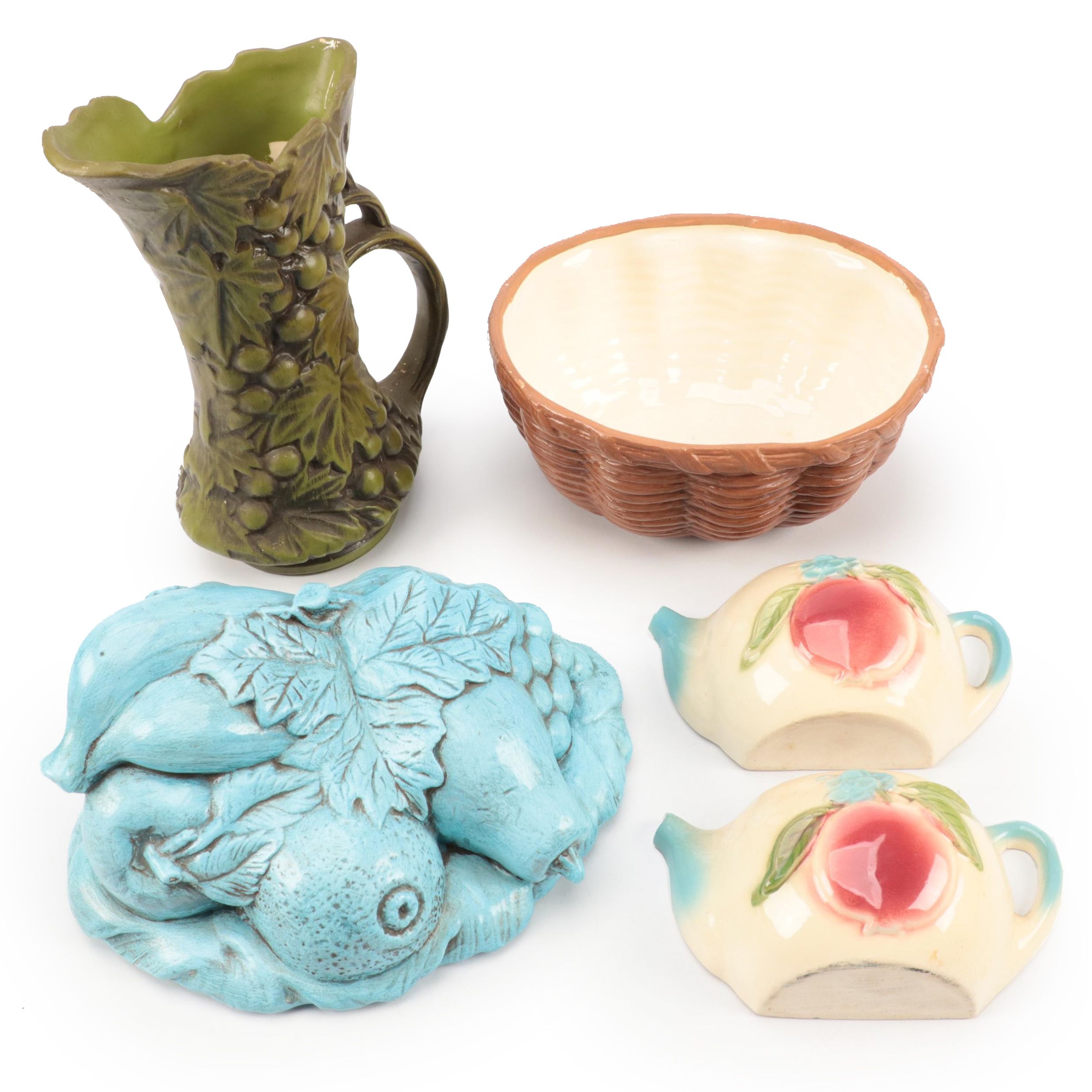 McCoy Pottery Grape Vine Pitcher with Fruit Basket Bowl and Teapot Wall Pockets