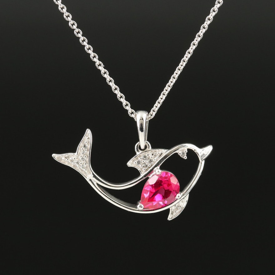 Sterling Ruby and White Sapphire Dolphin Pendant Necklace