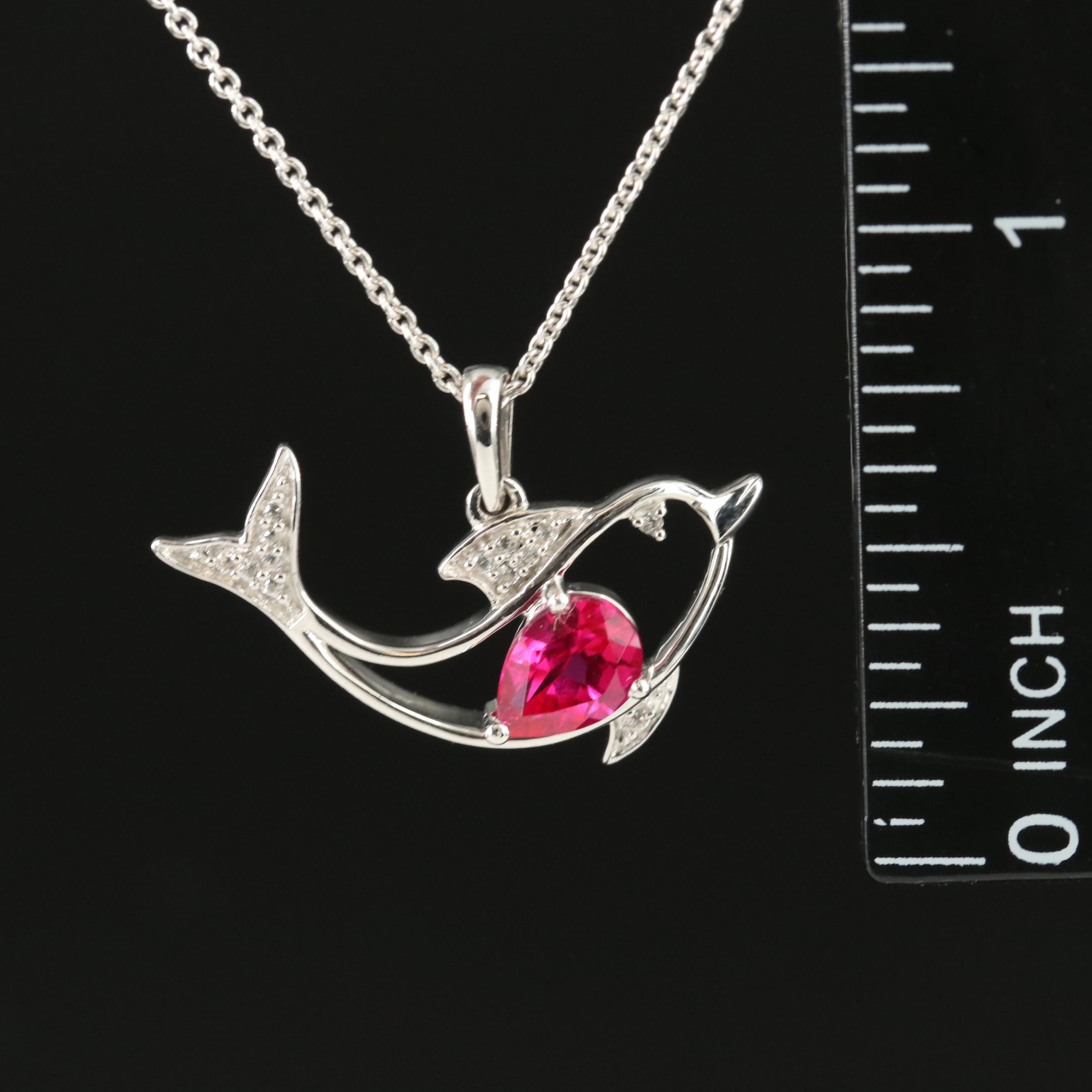 Sterling Ruby and White Sapphire Dolphin Pendant Necklace