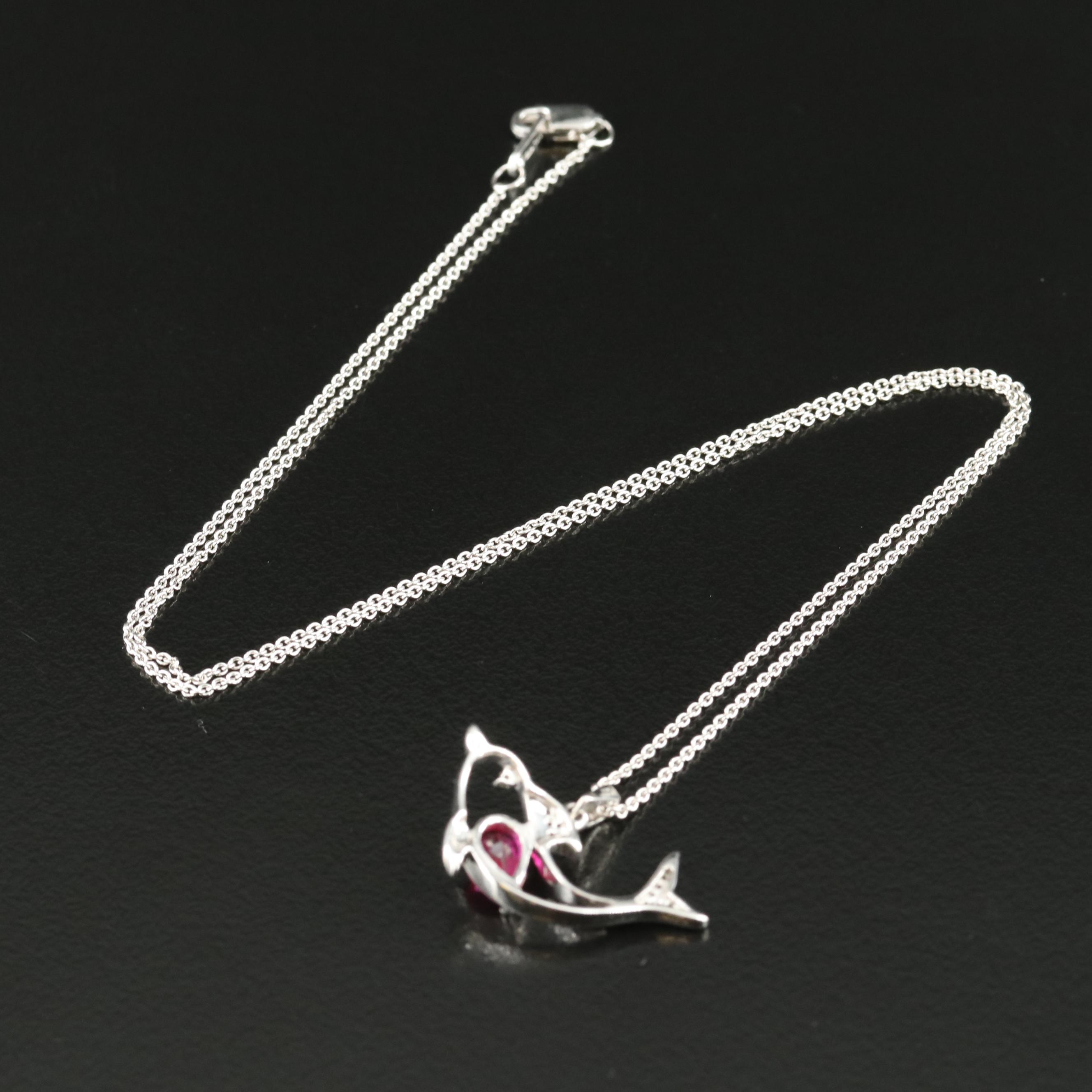 Sterling Ruby and White Sapphire Dolphin Pendant Necklace
