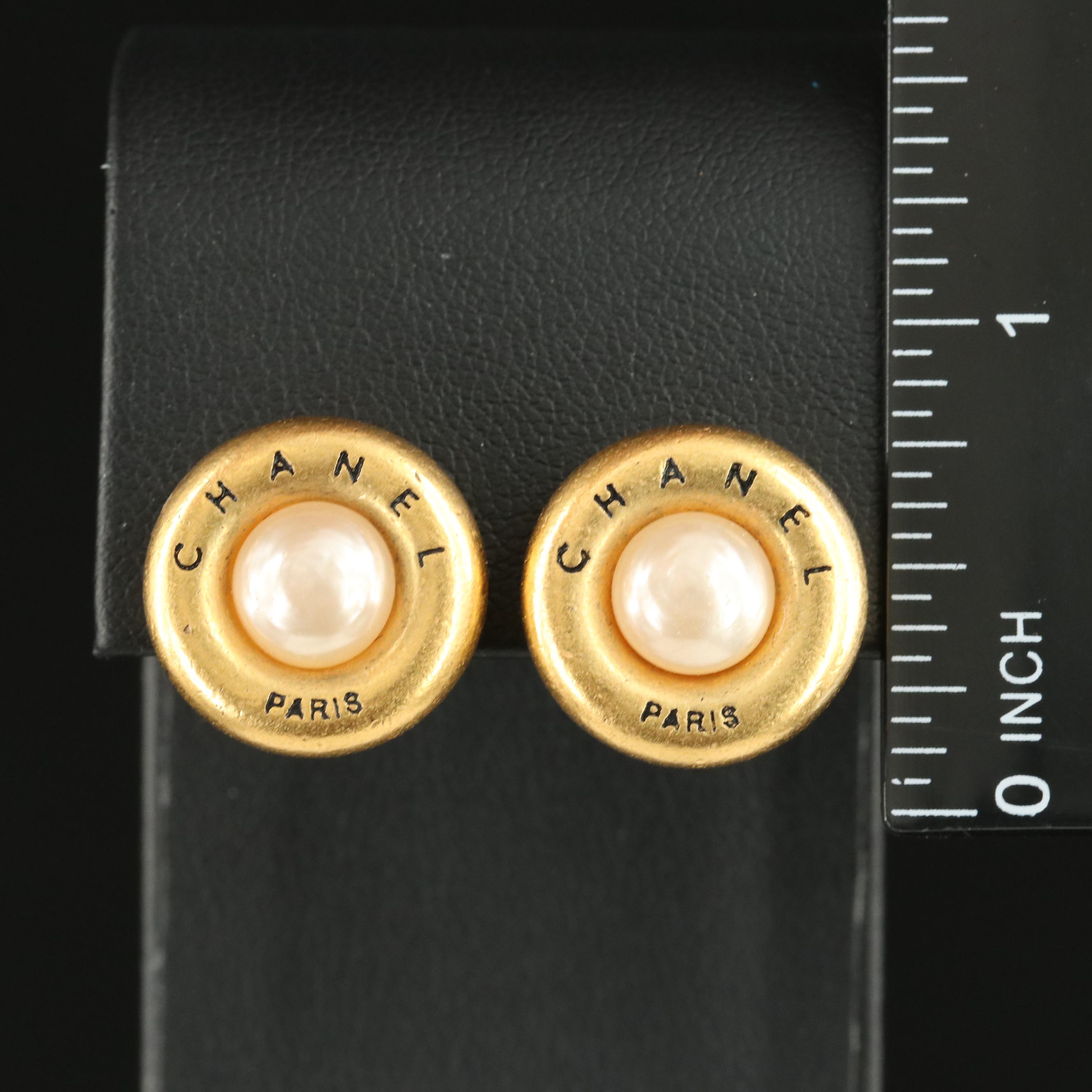Chanel Paris Faux Pearl Button Earrings