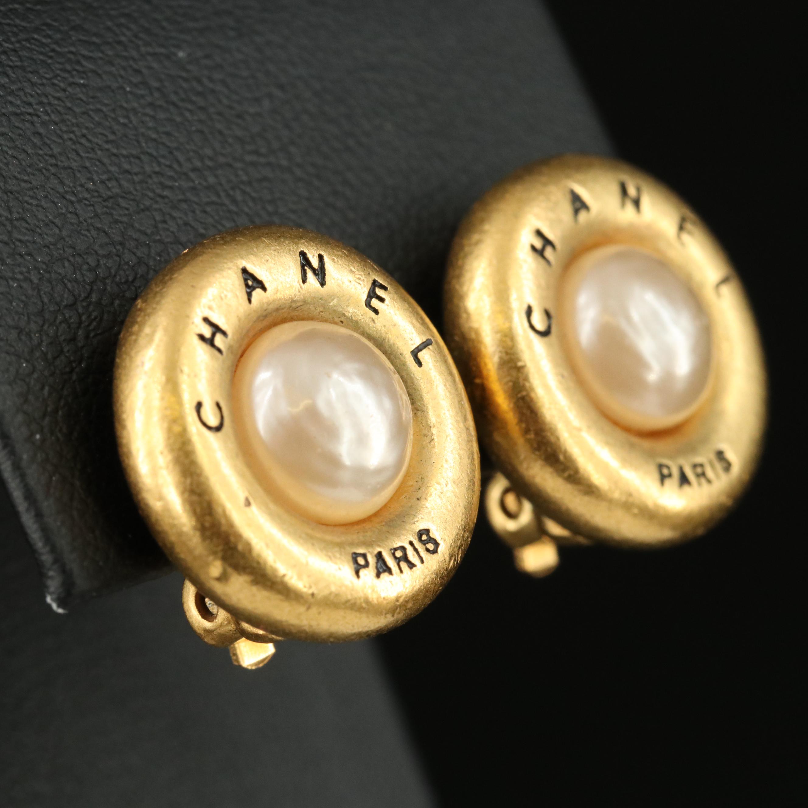 Chanel Paris Faux Pearl Button Earrings