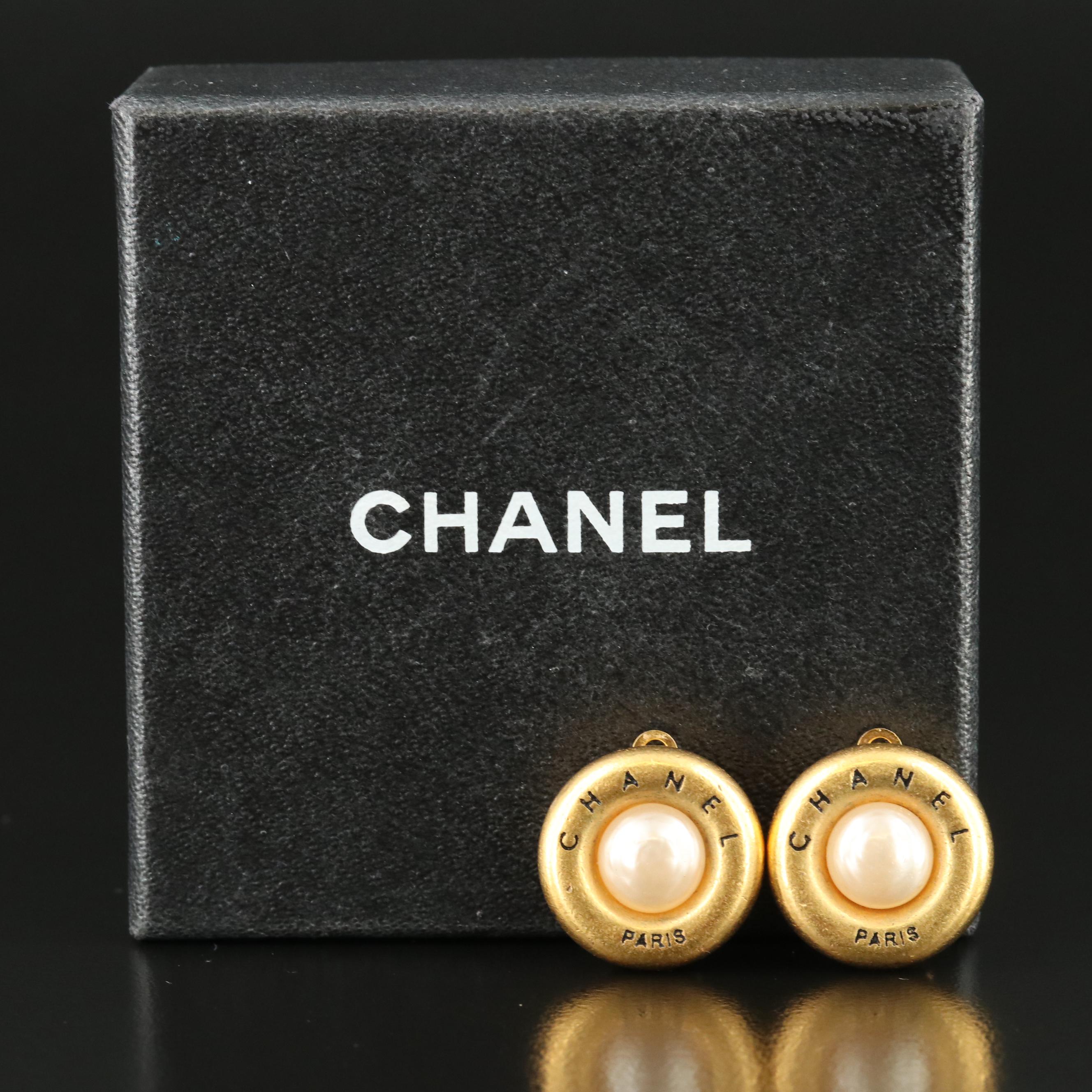 Chanel Paris Faux Pearl Button Earrings