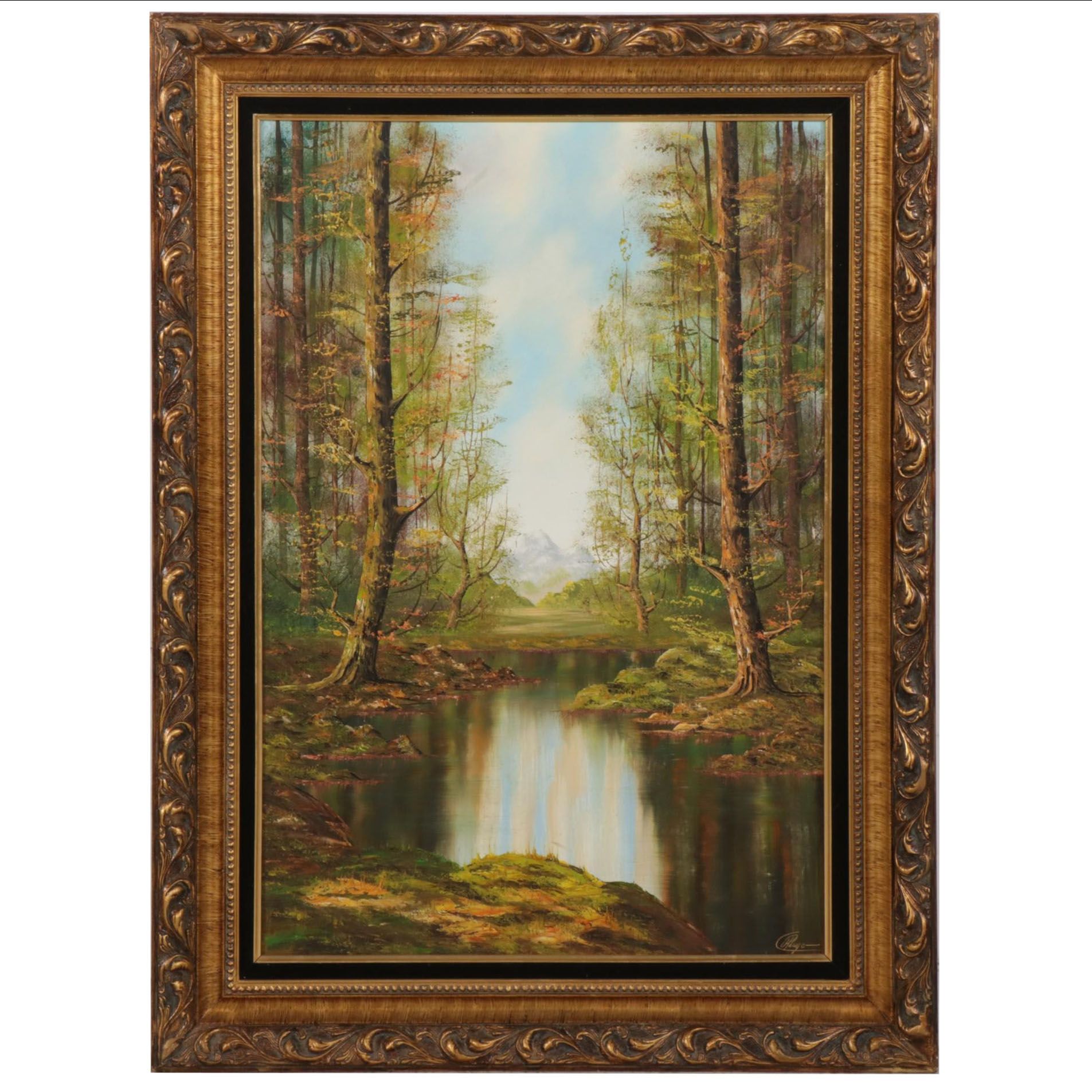 C. A. Pliego Forest Pond Landscape Oil Painting, Late 20th Century