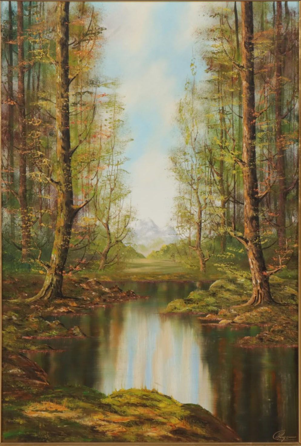 C. A. Pliego Forest Pond Landscape Oil Painting, Late 20th Century