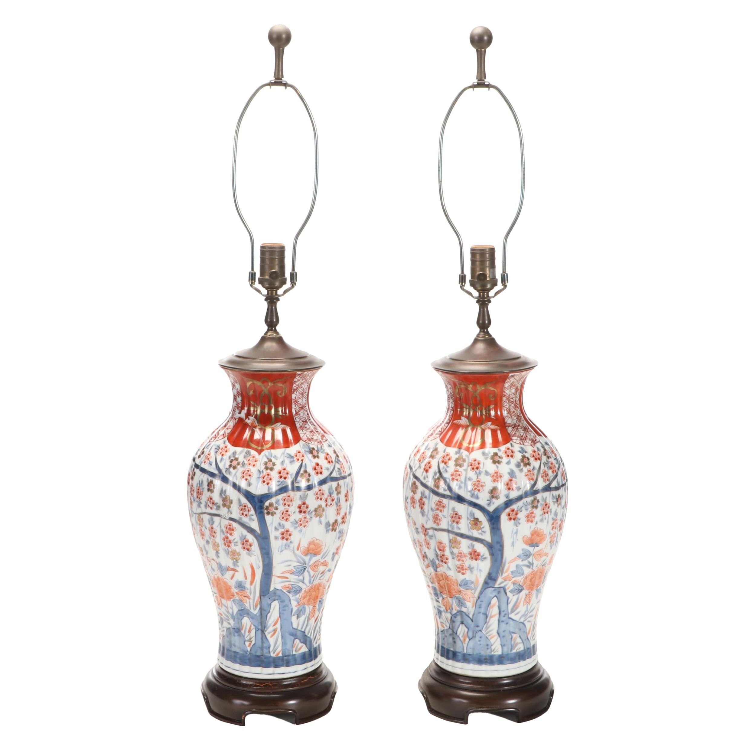 Pair of Japanese Imari Cherry Blossom Ribbed Porcelain Vase Table Lamps