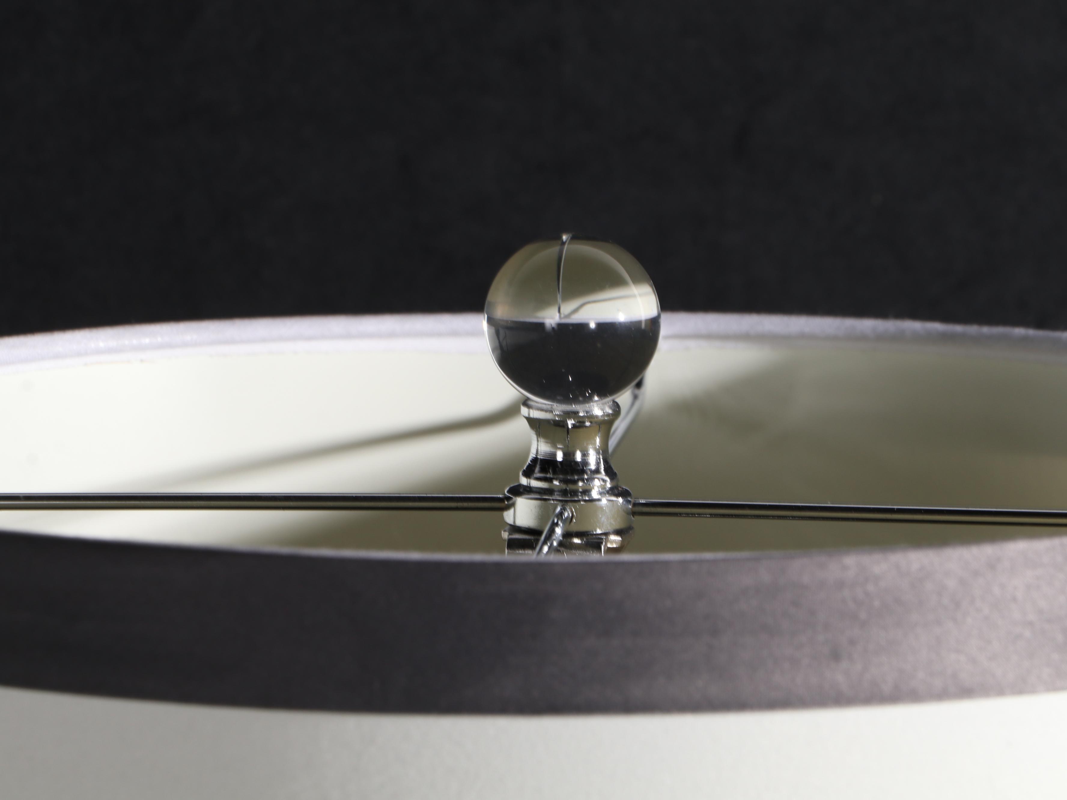 Pair of Glass and Chromed Metal Table Lamps With Tailored Shades