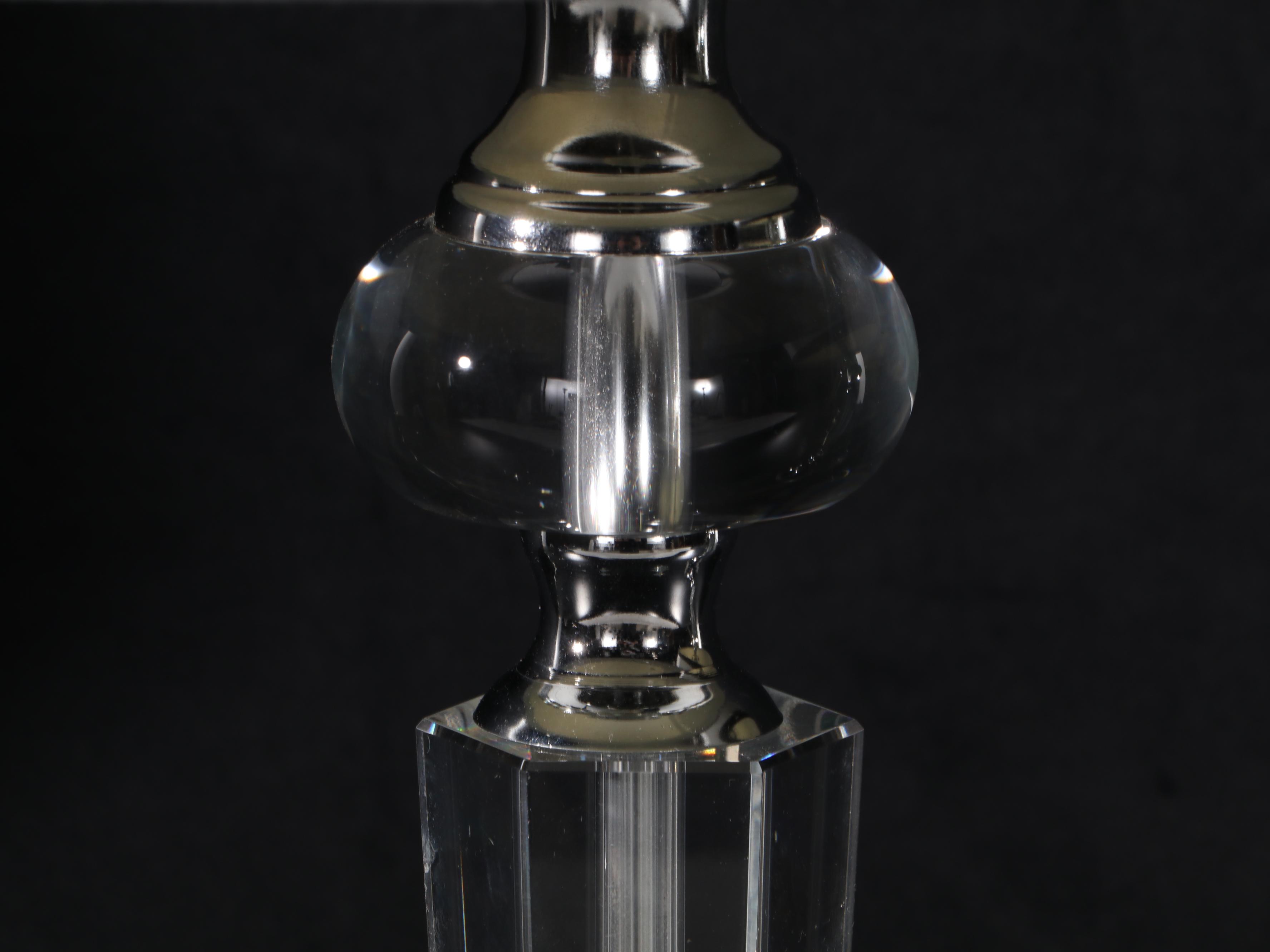 Pair of Glass and Chromed Metal Table Lamps With Tailored Shades