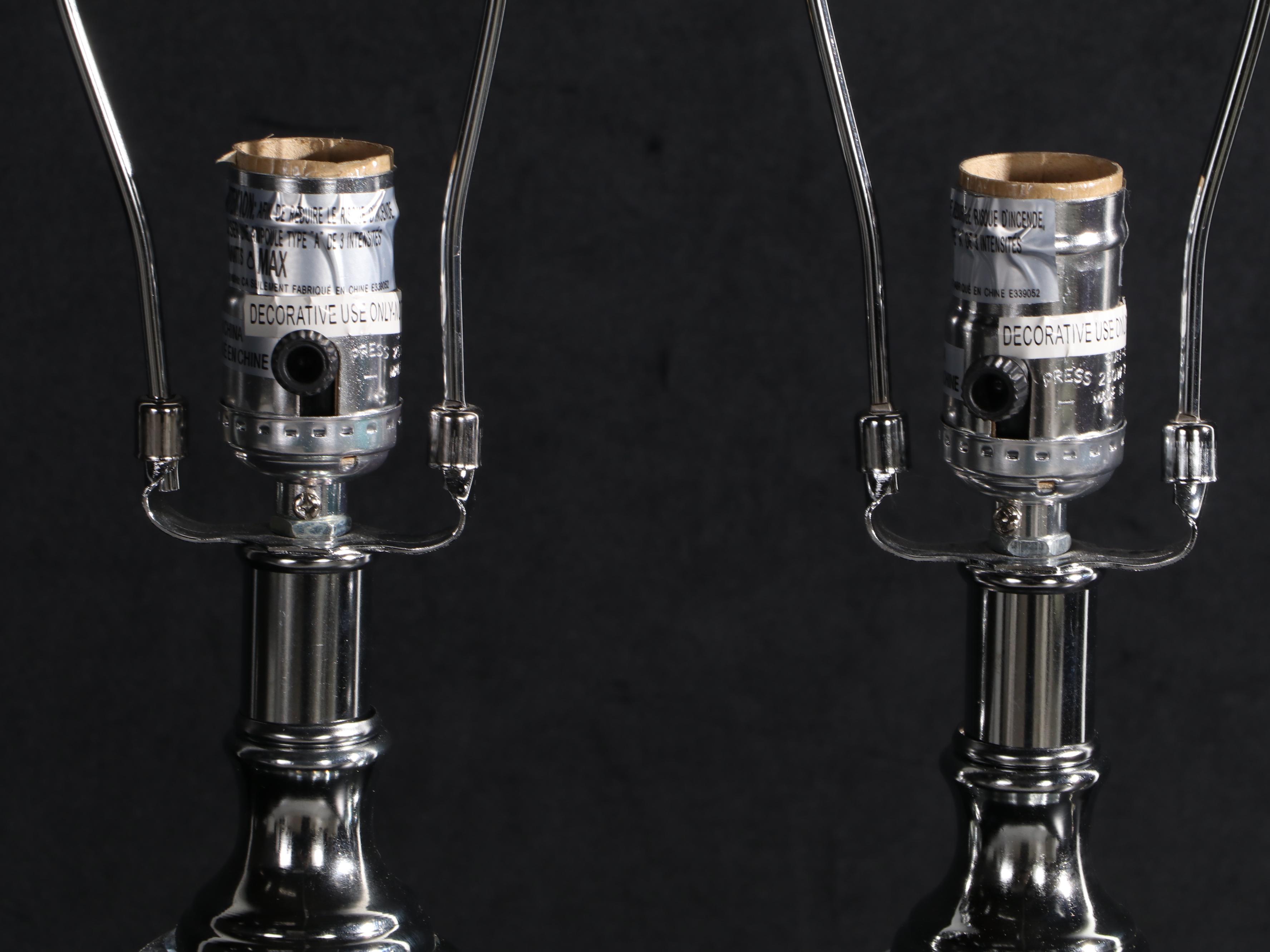 Pair of Glass and Chromed Metal Table Lamps With Tailored Shades