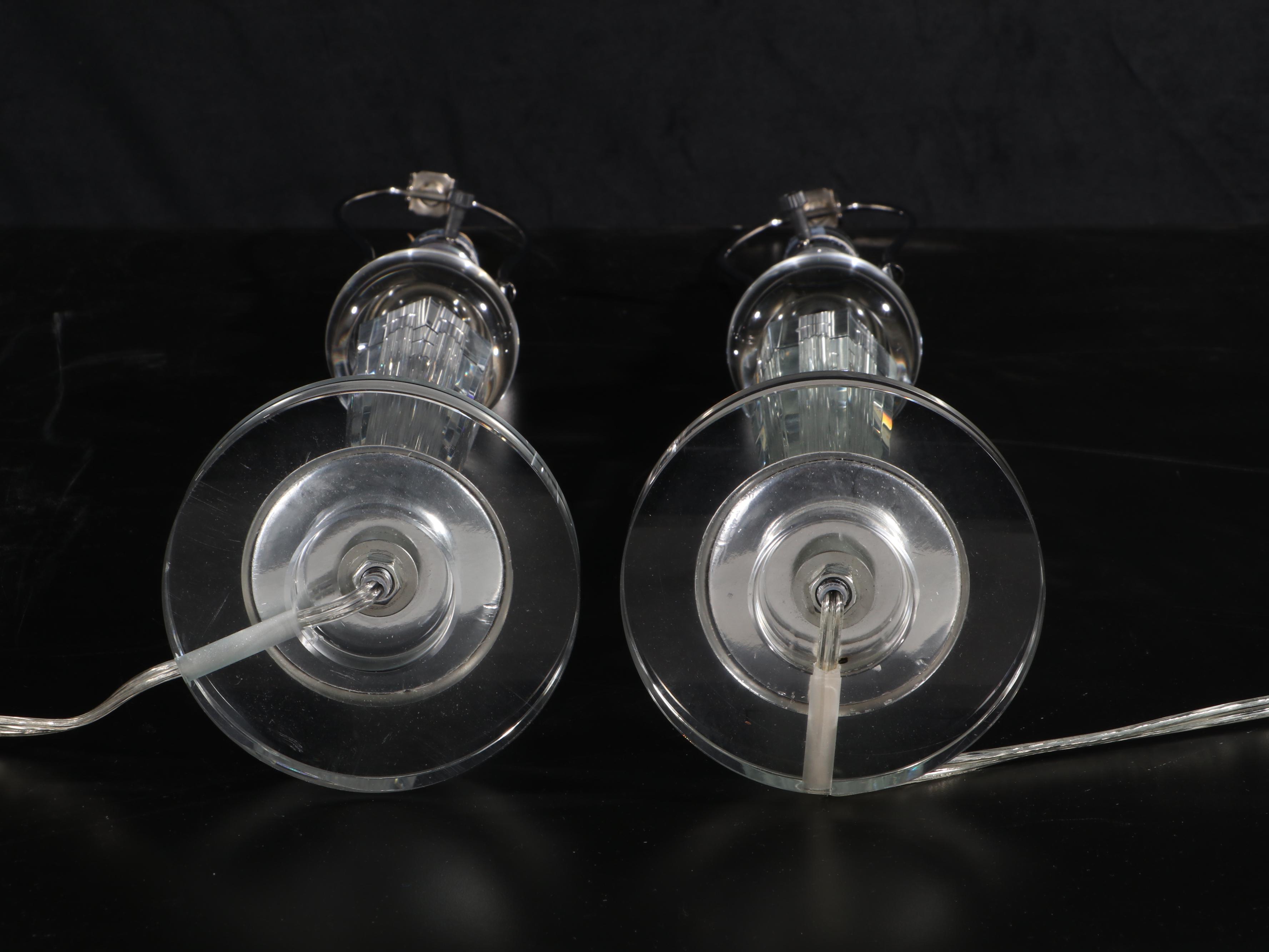 Pair of Glass and Chromed Metal Table Lamps With Tailored Shades